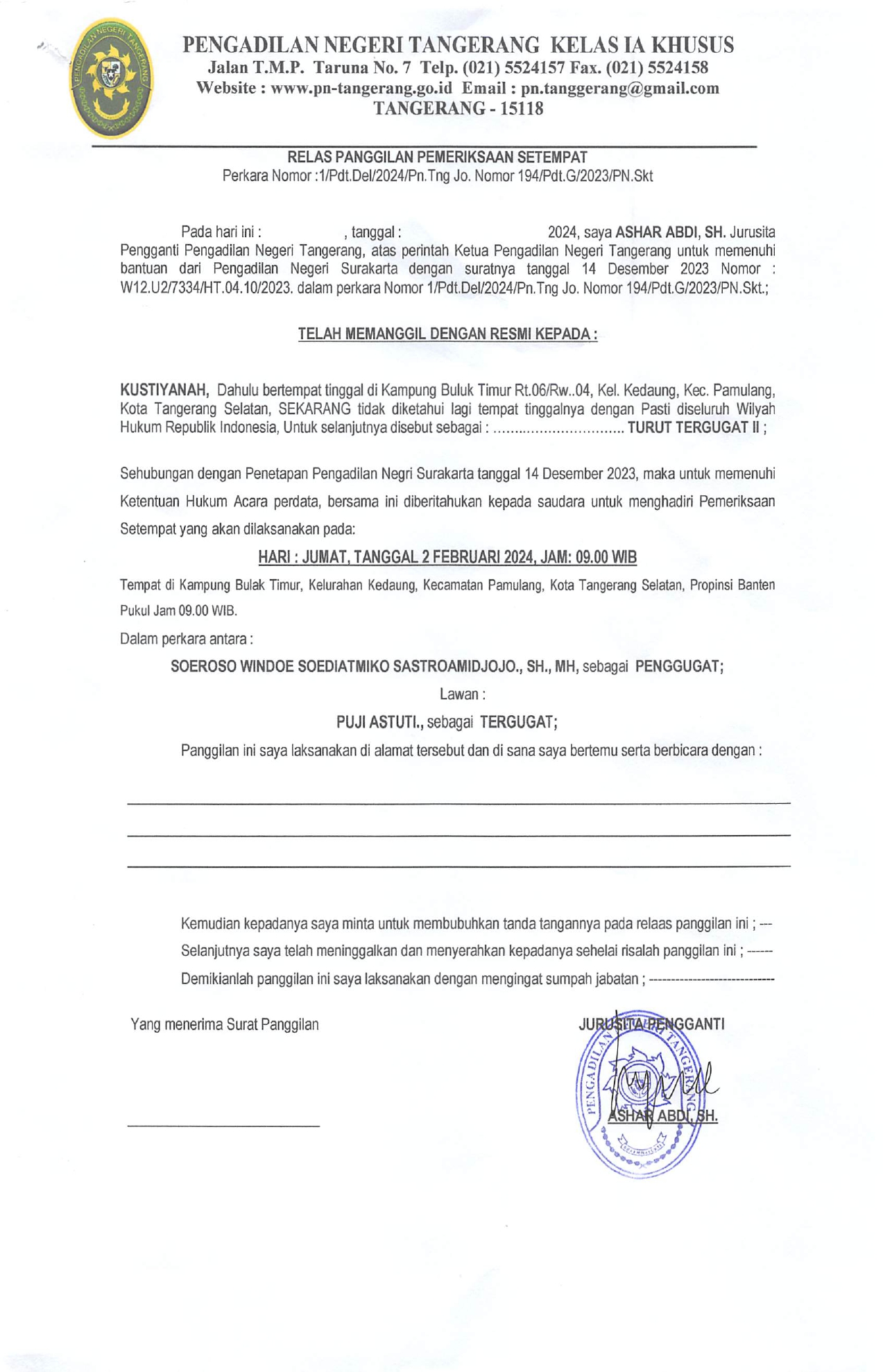 Relaas Panggilan Pemeriksaan Setempat