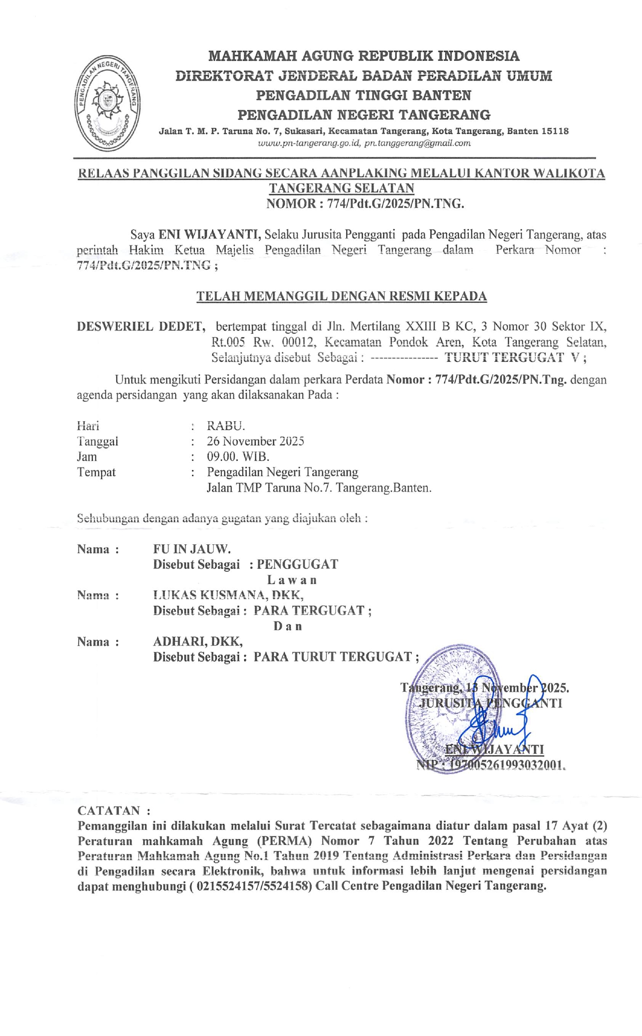 Relaas Panggilan Sidang Secara Aanplaking Melalui Kantor Walikota Tangerang Selatan Nomor 774/Pdt/.G/2025/PN.TNG.