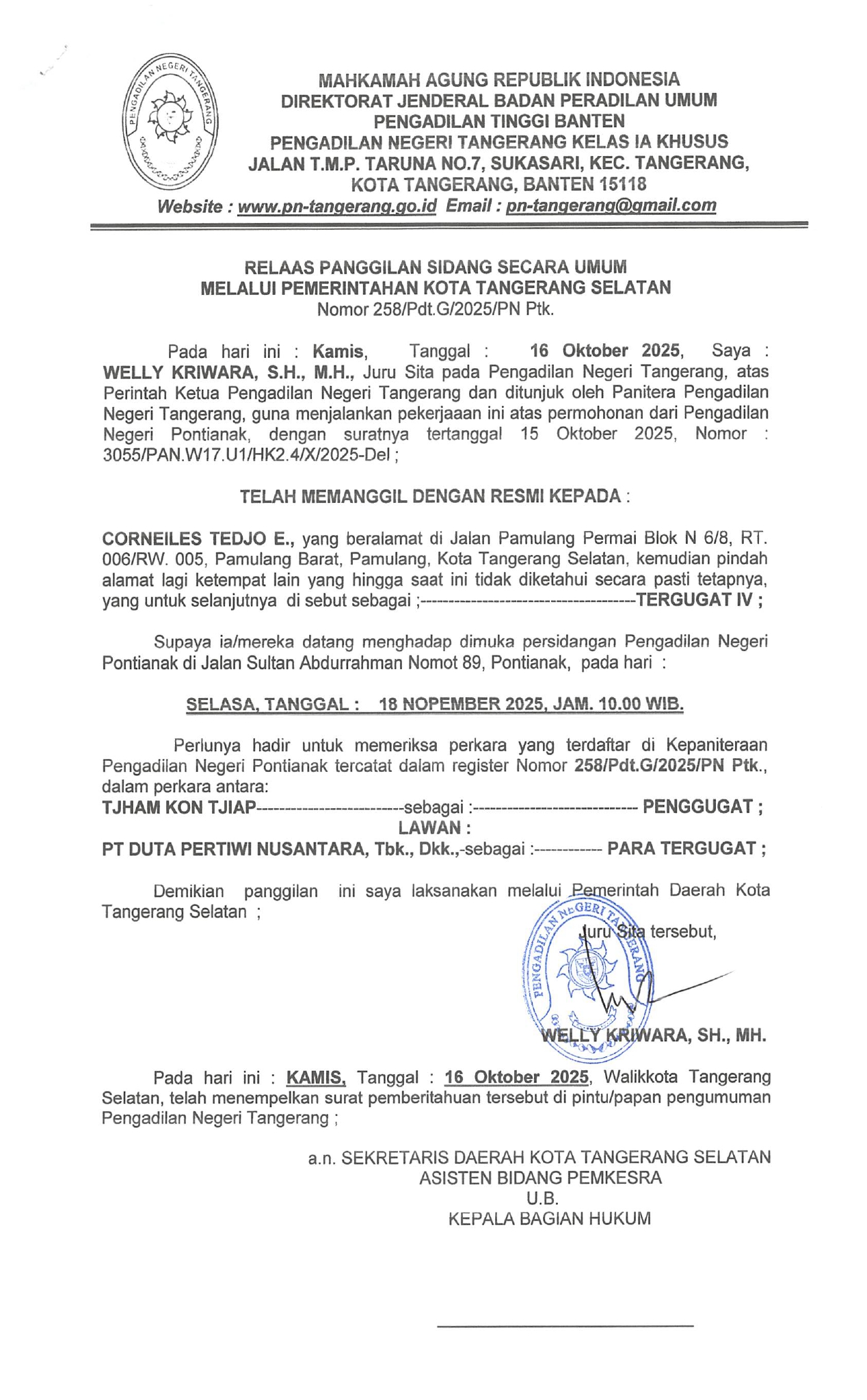 Relaas Panggilan Sidang Secara Umum Melalui Pemerintahan Kota Tangerang Selatan Nomor 258/Pdt.G/2025/PN Ptk.