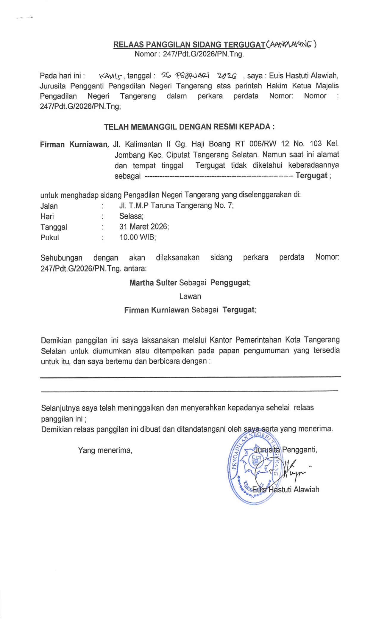 Relaas Panggilan Sidang Tergugat (AANPLAKING) Nomor 247/Pdt,G/2026/PN.Tng
