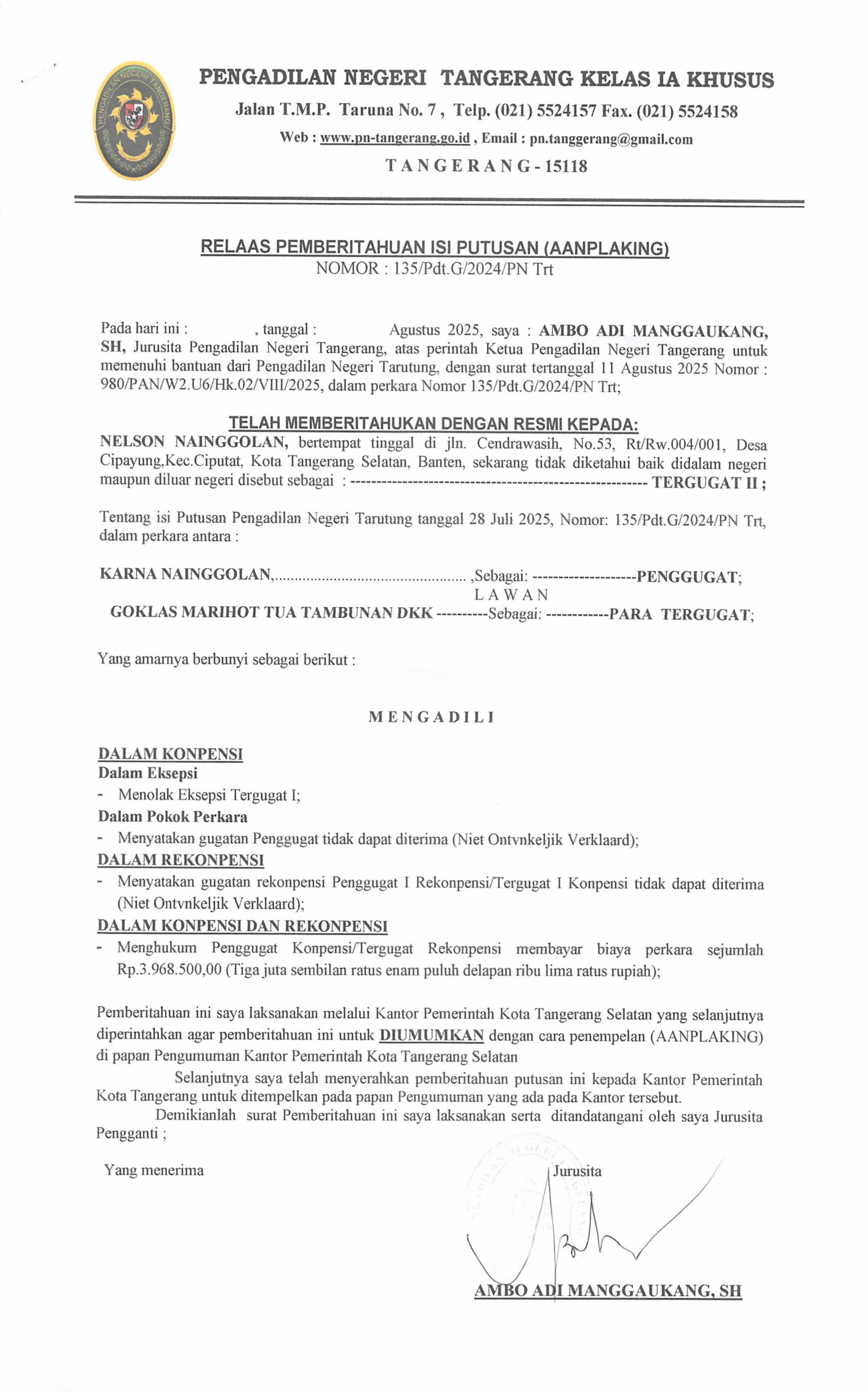 Relaas Pemberitahuan Isi Putusan (AANPLAKING)