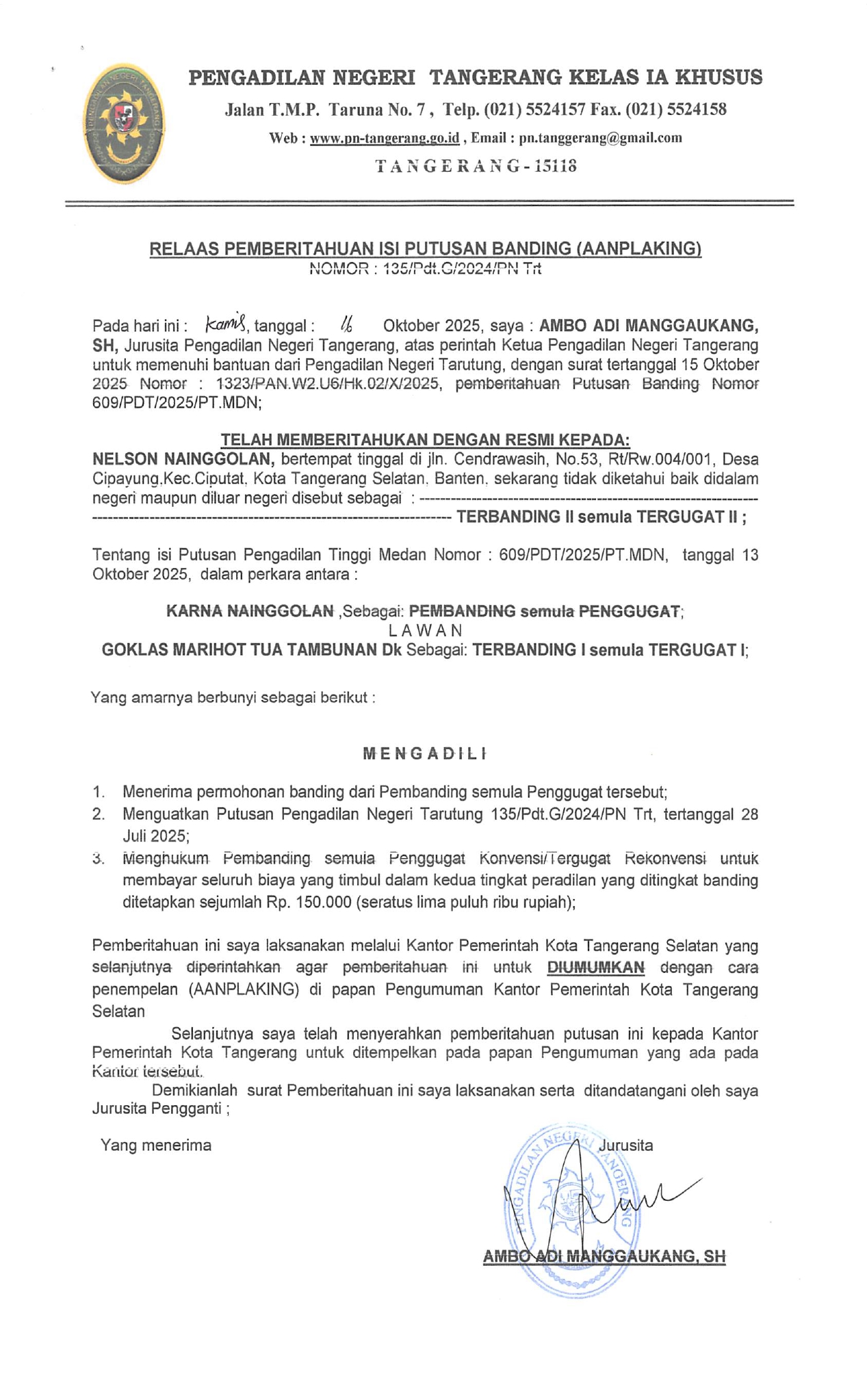 Relaas Pemberitahuan Isi Putusan Banding (AANPLAKING) Nomor 135/Pdt.G/2024/PN Trt