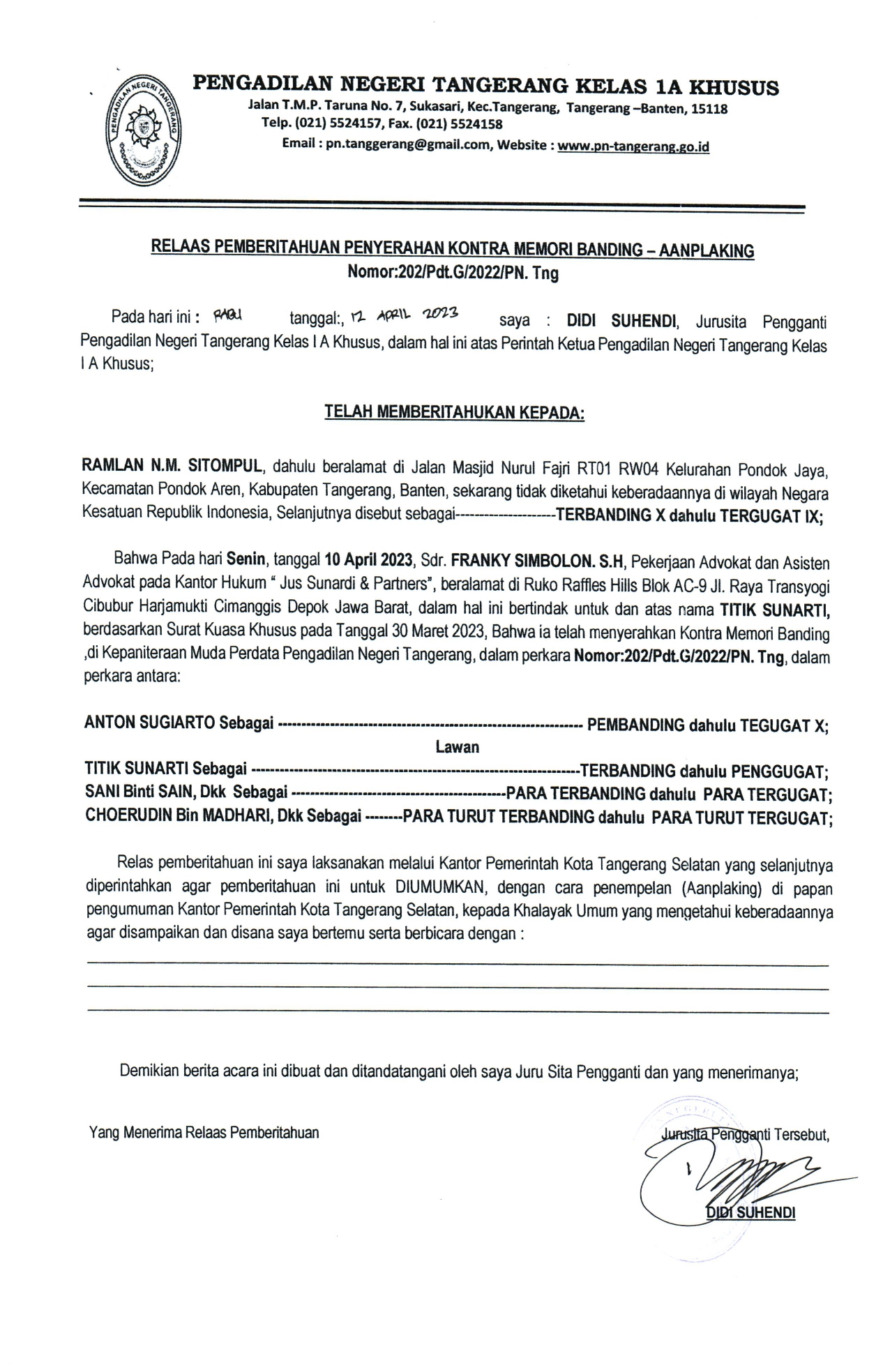 Relaas Pemberitahuan Penyerahan Kontra Memori Bandung AANPLAKING
