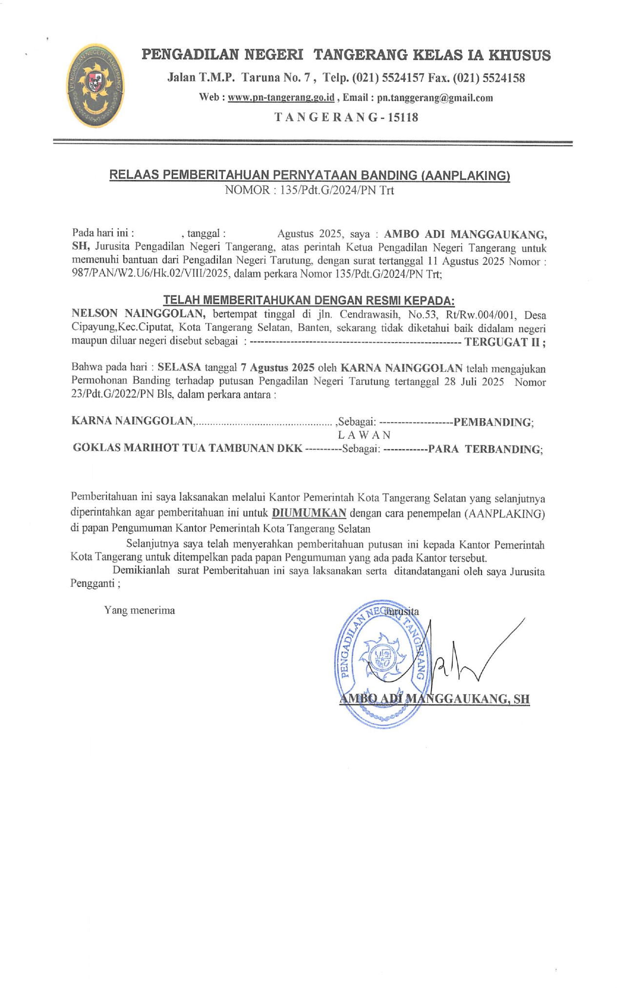 Relaas Pemberitahuan Pernyataan Banding (Aanplaking) Nomor: 135/Pdt.G/2024/PN Trt