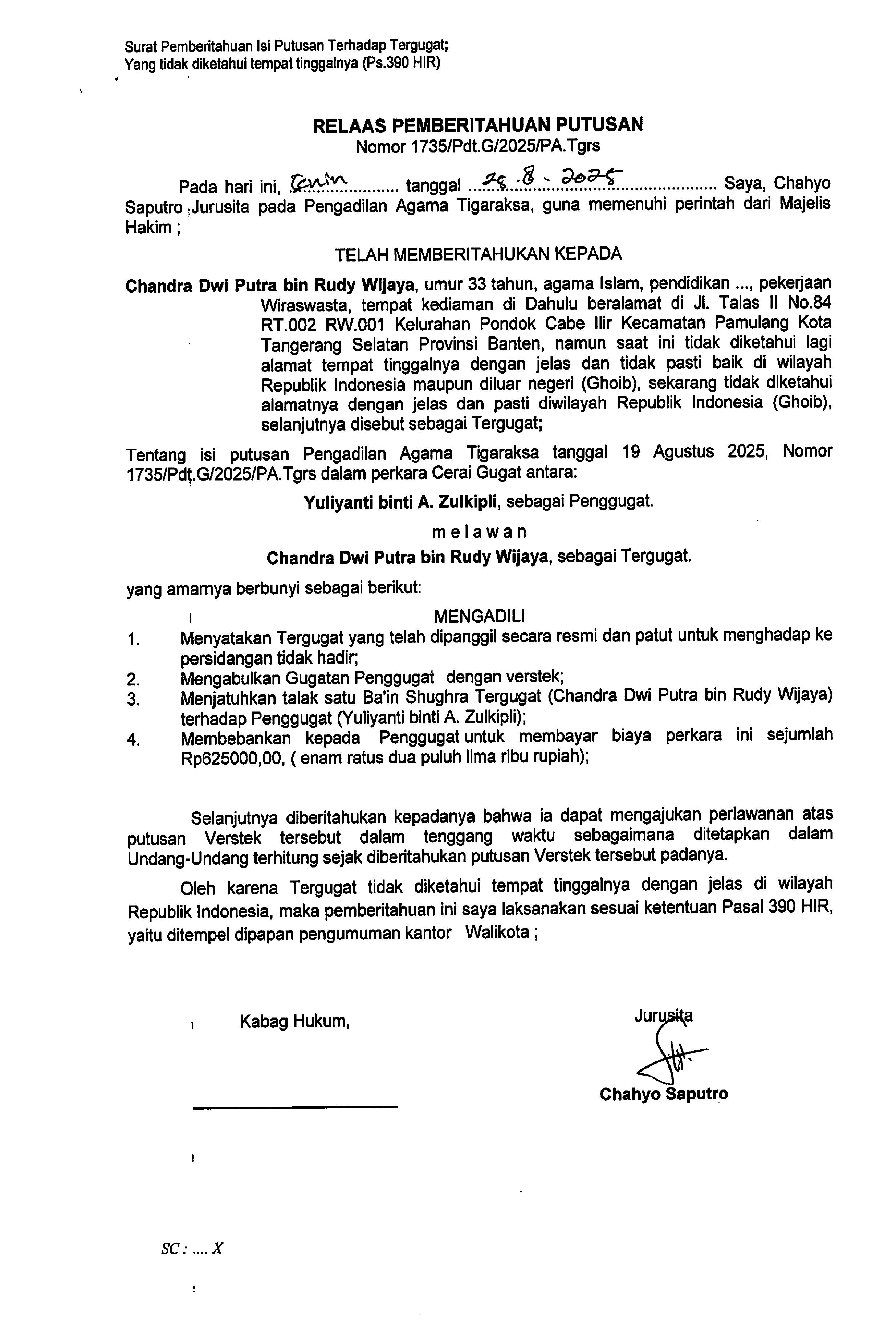 Relaas Pemberitahuan Putusan Nomor 1735/Pdt.G/2025/PA.Tgrs