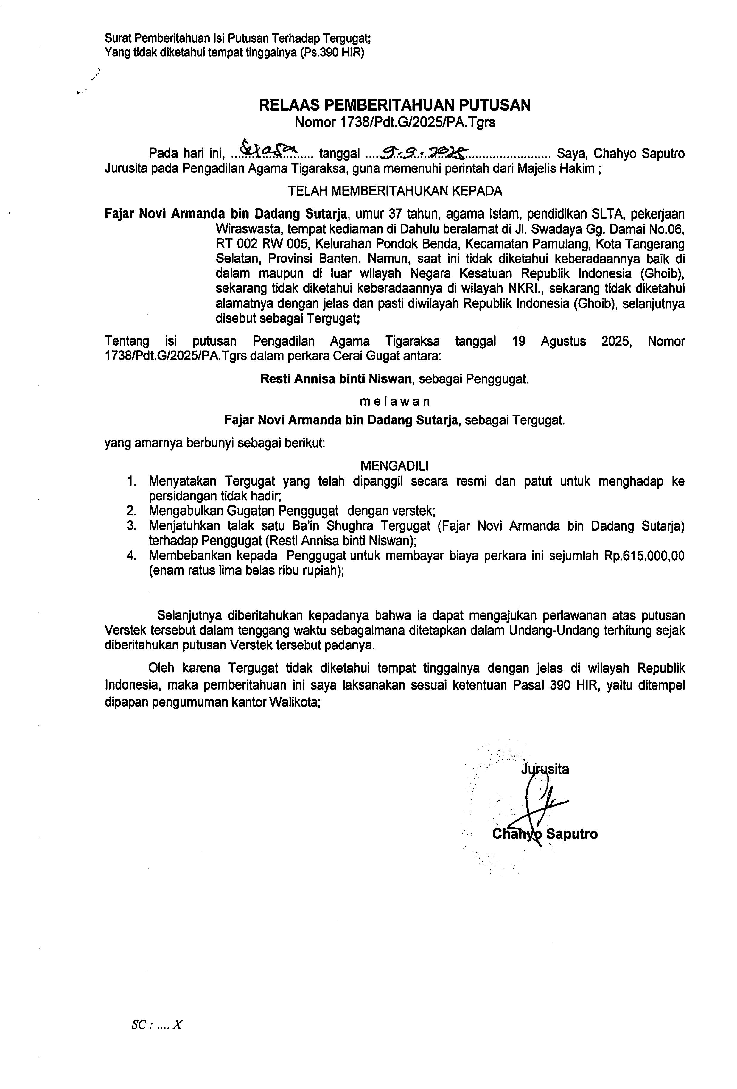 Relaas Pemberitahuan Putusan Nomor 1738/Pdt.G/2025/PA.Tgrs