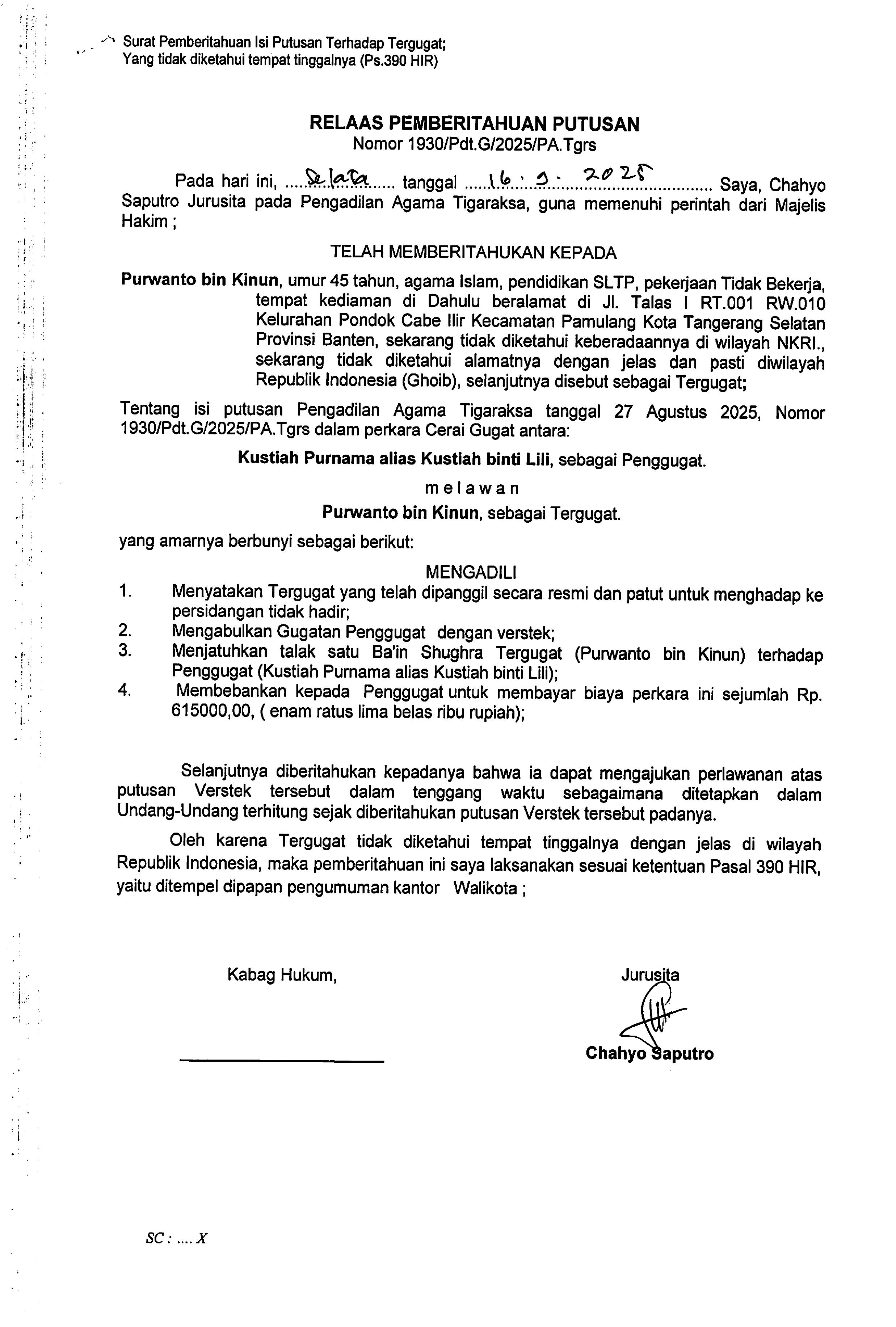 Relaas Pemberitahuan Putusan Nomor 1930/Pdt.G/2025/PA Tgrs