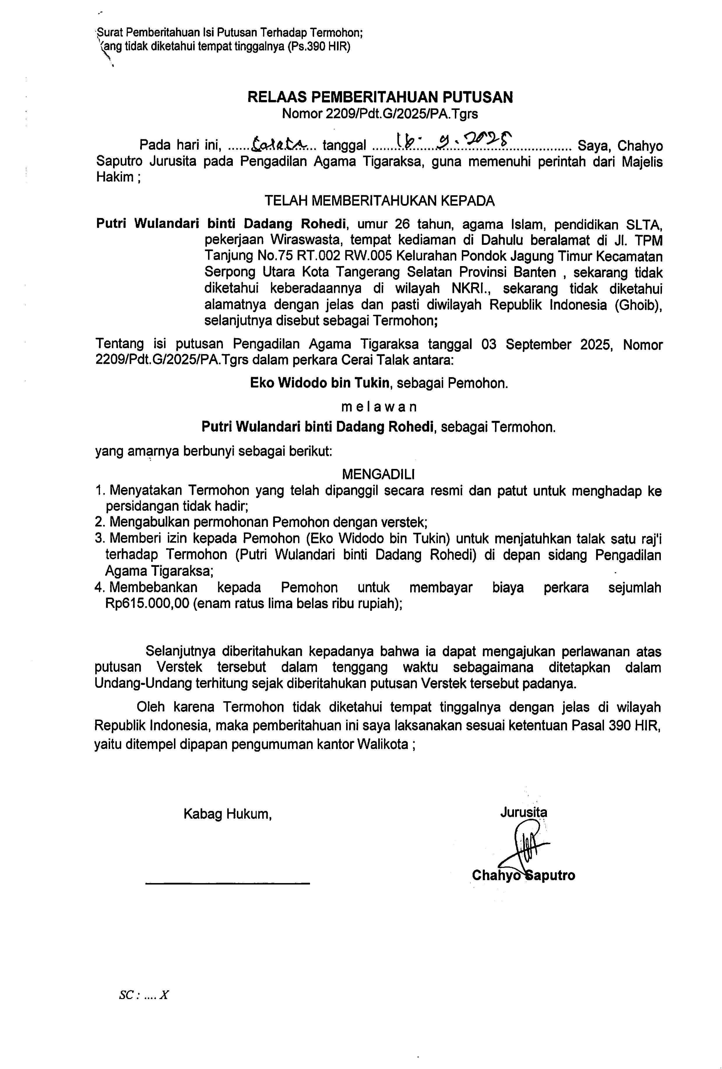 Relaas Pemberitahuan Putusan Nomor 2209/Pdt.G/2025/PA Tgrs