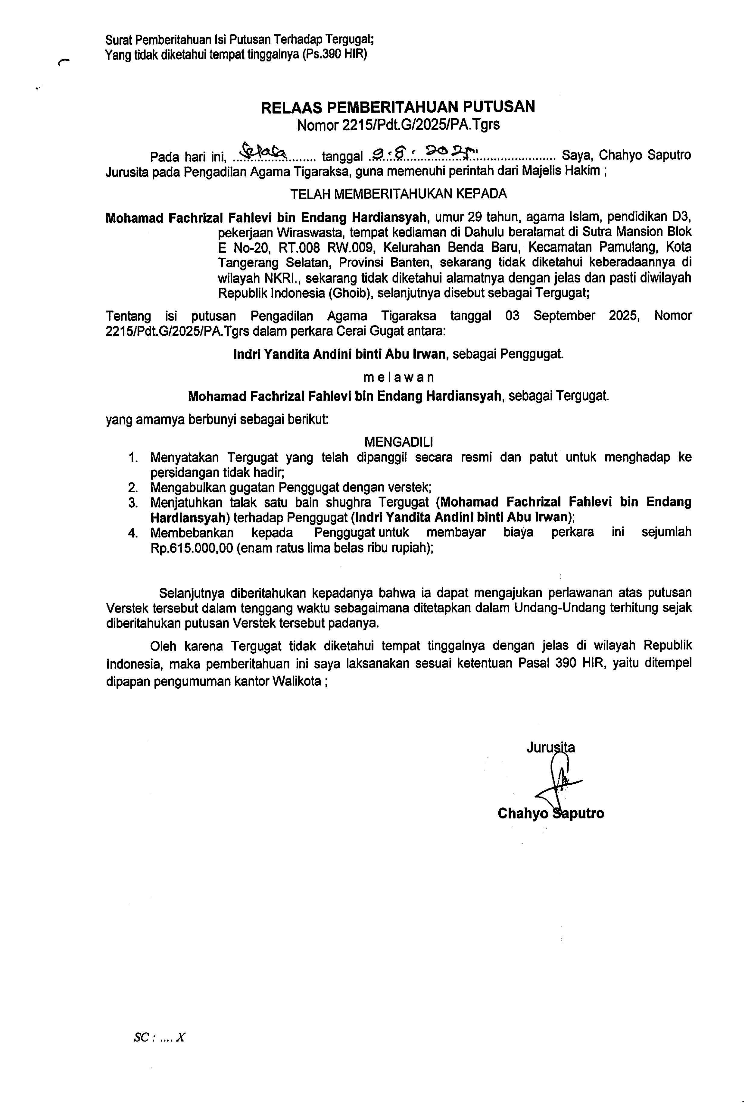 Relaas Pemberitahuan Putusan Nomor 2215/Pdt.G/2025/PA.Tgrs