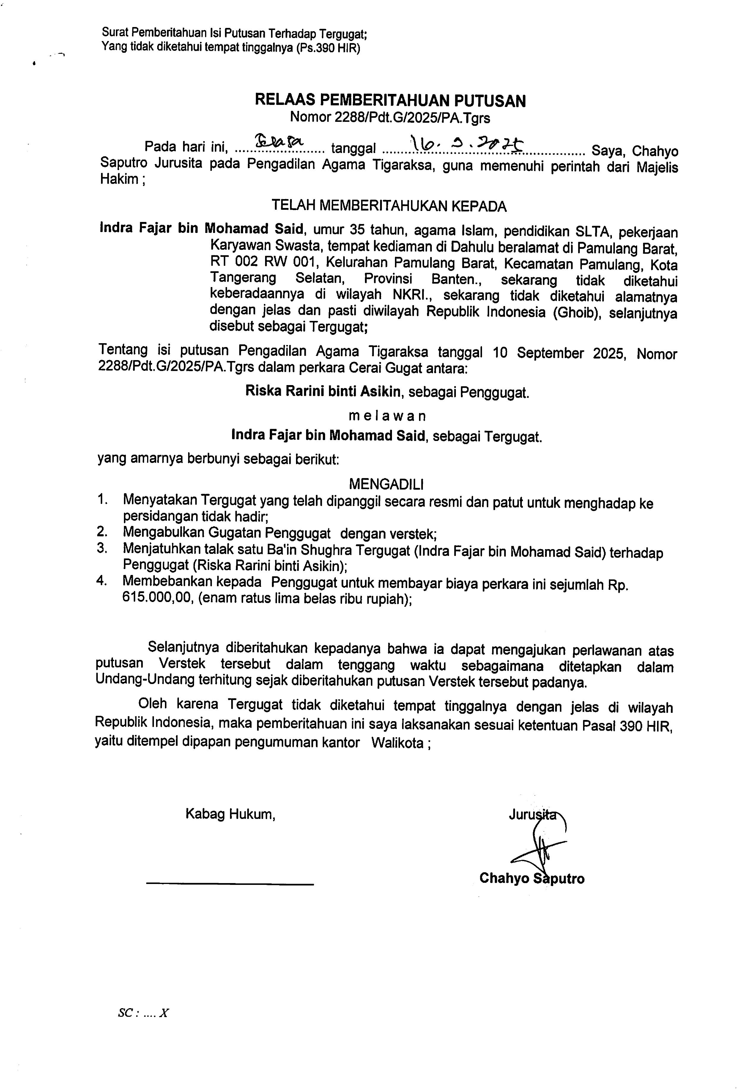 Relaas Pemberitahuan Putusan Nomor 2288/Pdt.G/2025/PA Tgrs
