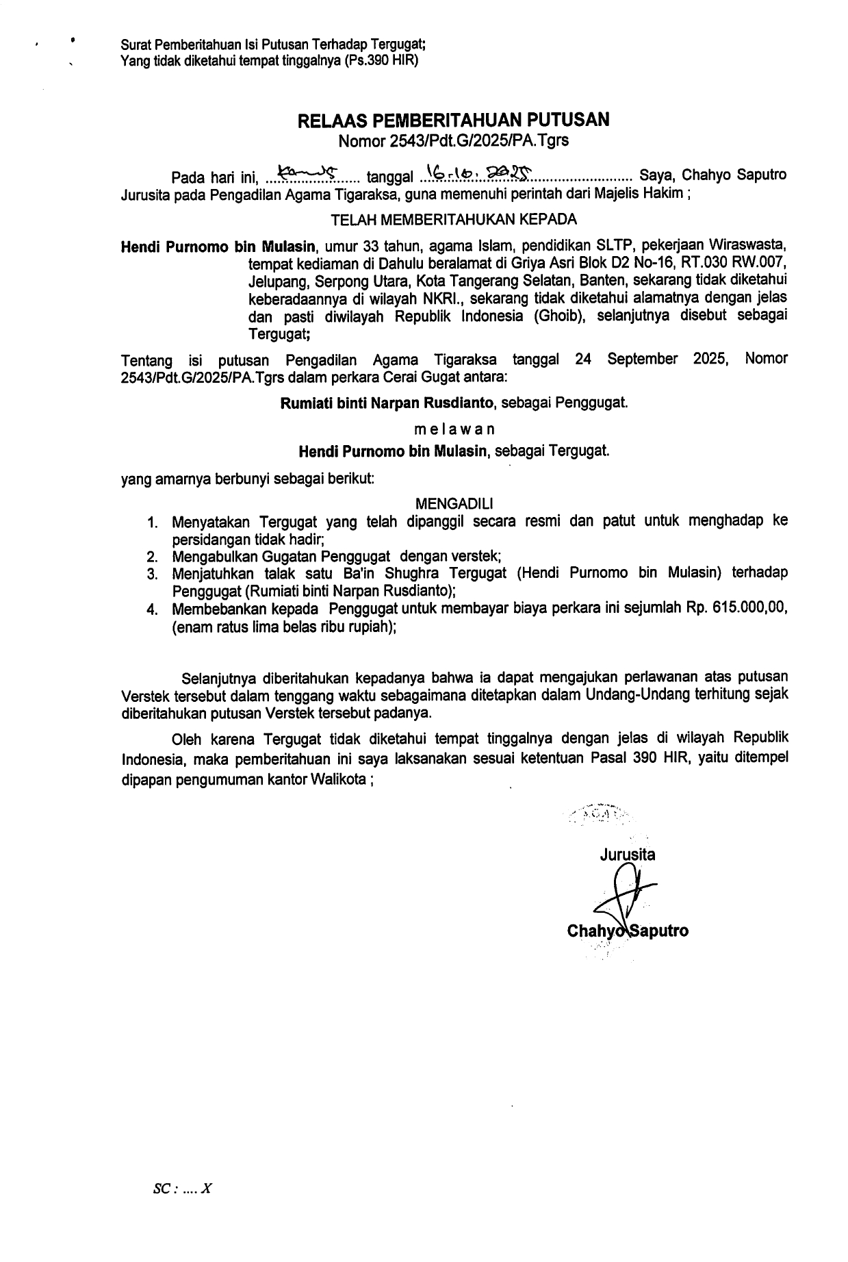 Relaas Pemberitahuan Putusan Nomor 2543/Pdt.G/2025/PA.Tgrs