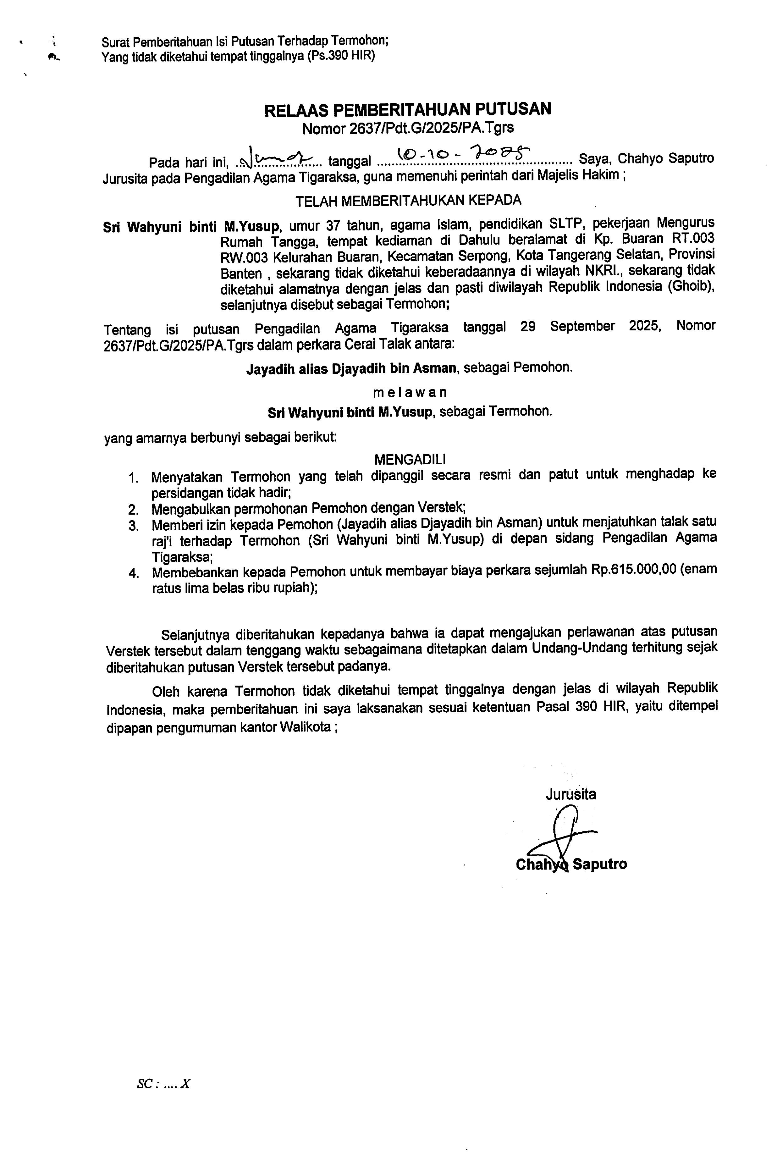 Relaas Pemberitahuan Putusan Nomor 2637/Pdt.G/2025/PA. Tgrs