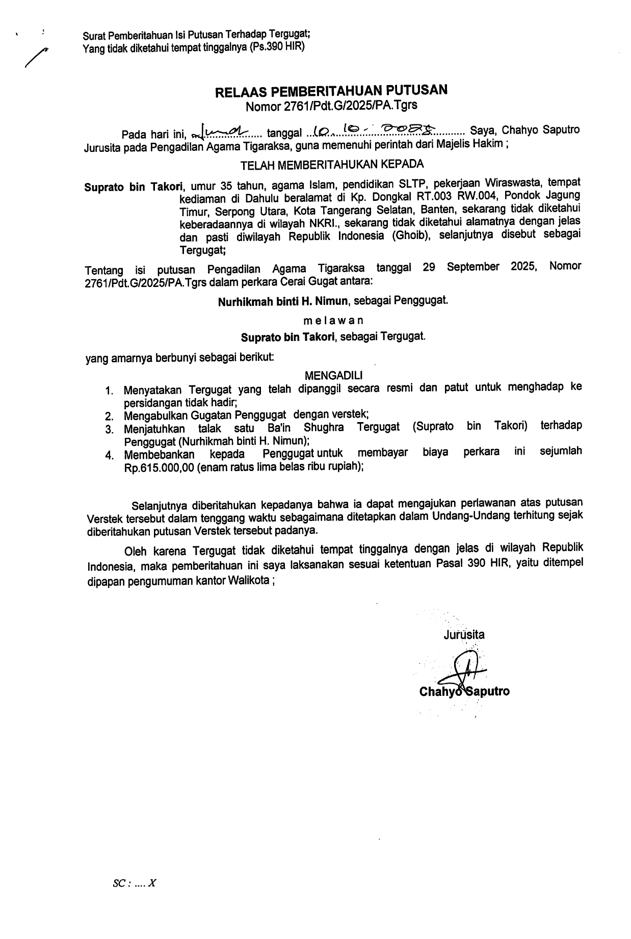 Relaas Pemberitahuan Putusan Nomor 2761/Pdt.G/2025/PA.Tgrs