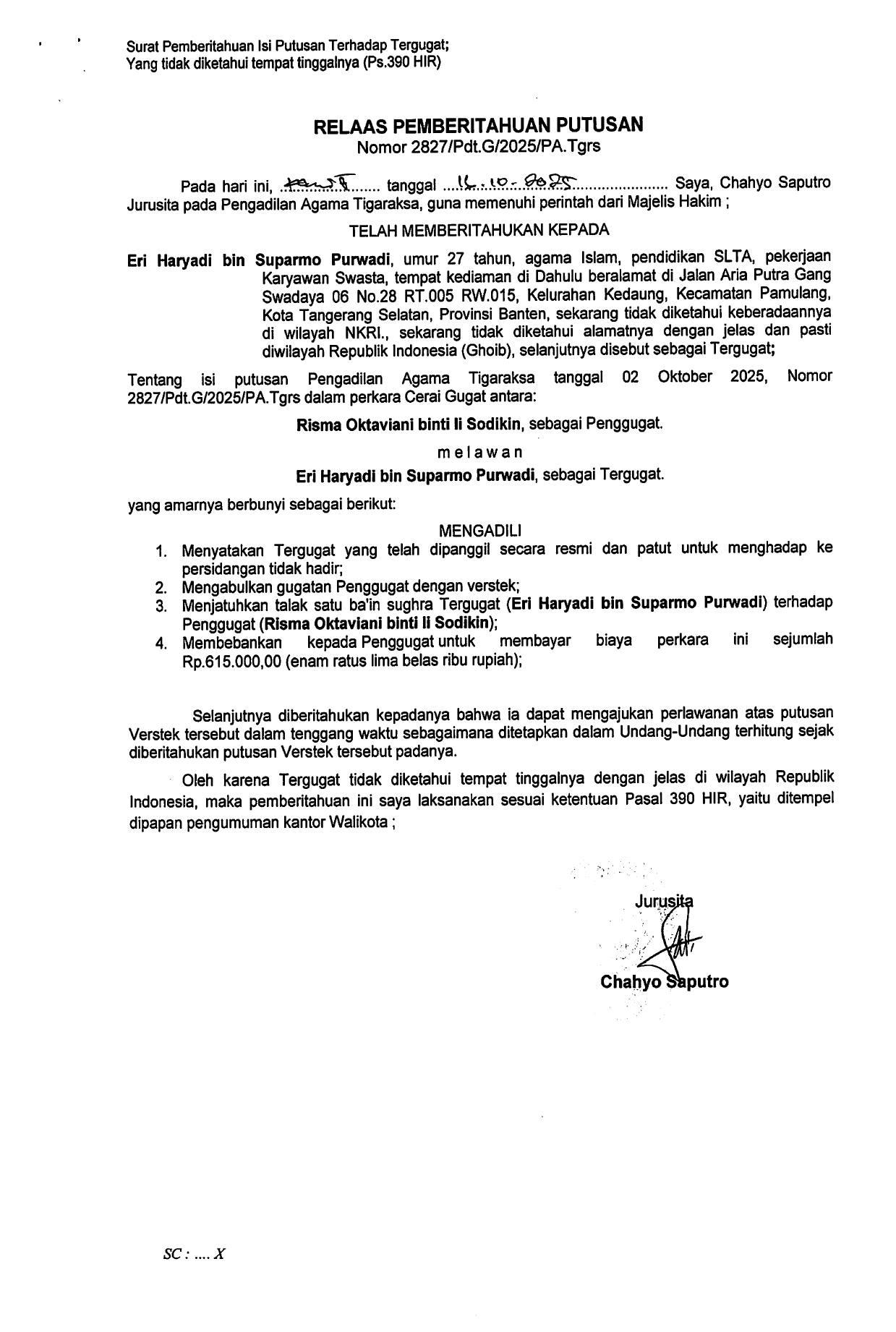 Relaas Pemberitahuan Putusan Nomor 2827/Pdt.G/2025/PA.Tgrs