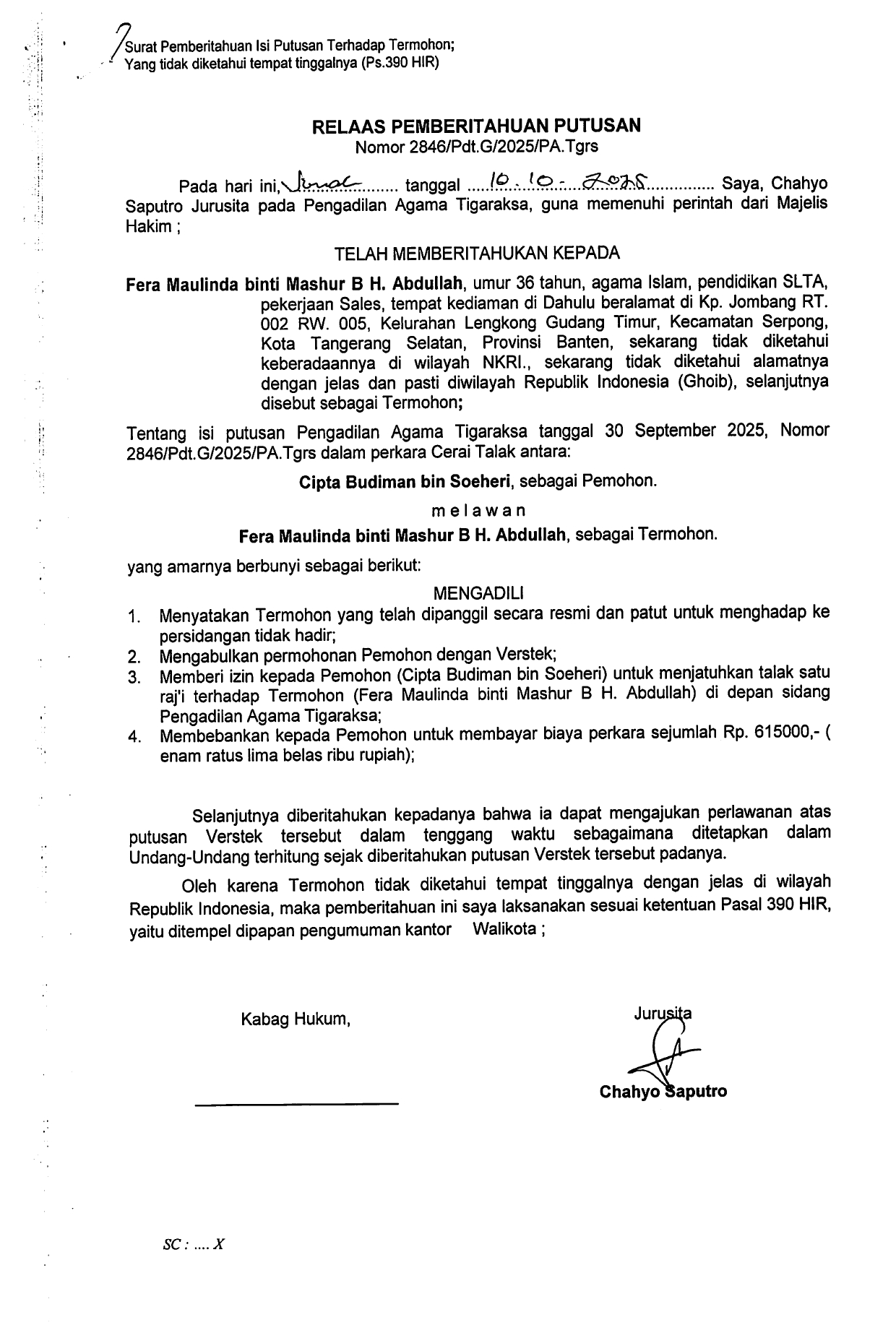 Relaas Pemberitahuan Putusan Nomor 2846/Pdt.G/2025/PA.Tgrs