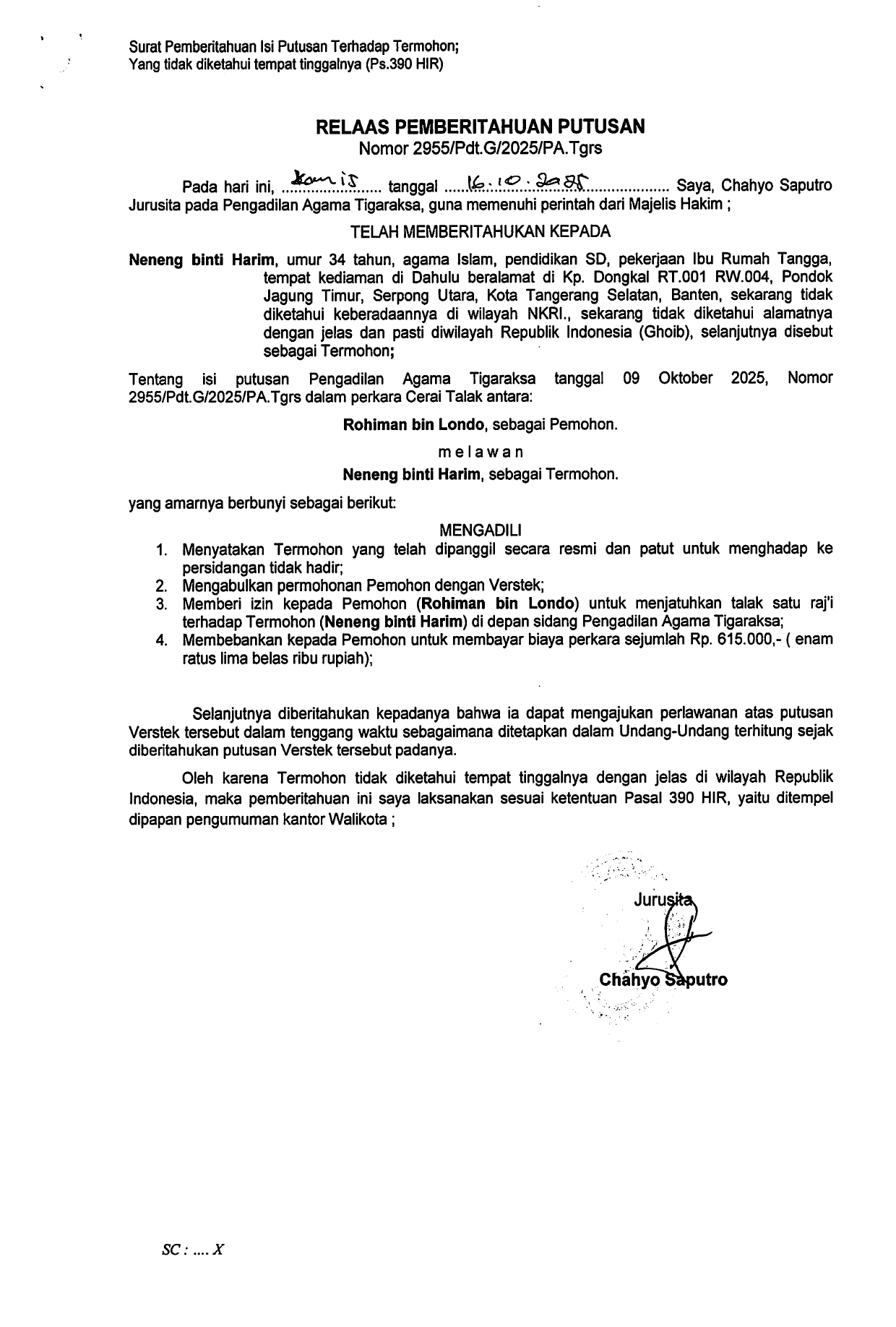Relaas Pemberitahuan Putusan Nomor 2955/Pdt.G/2025/PA.Tgrs