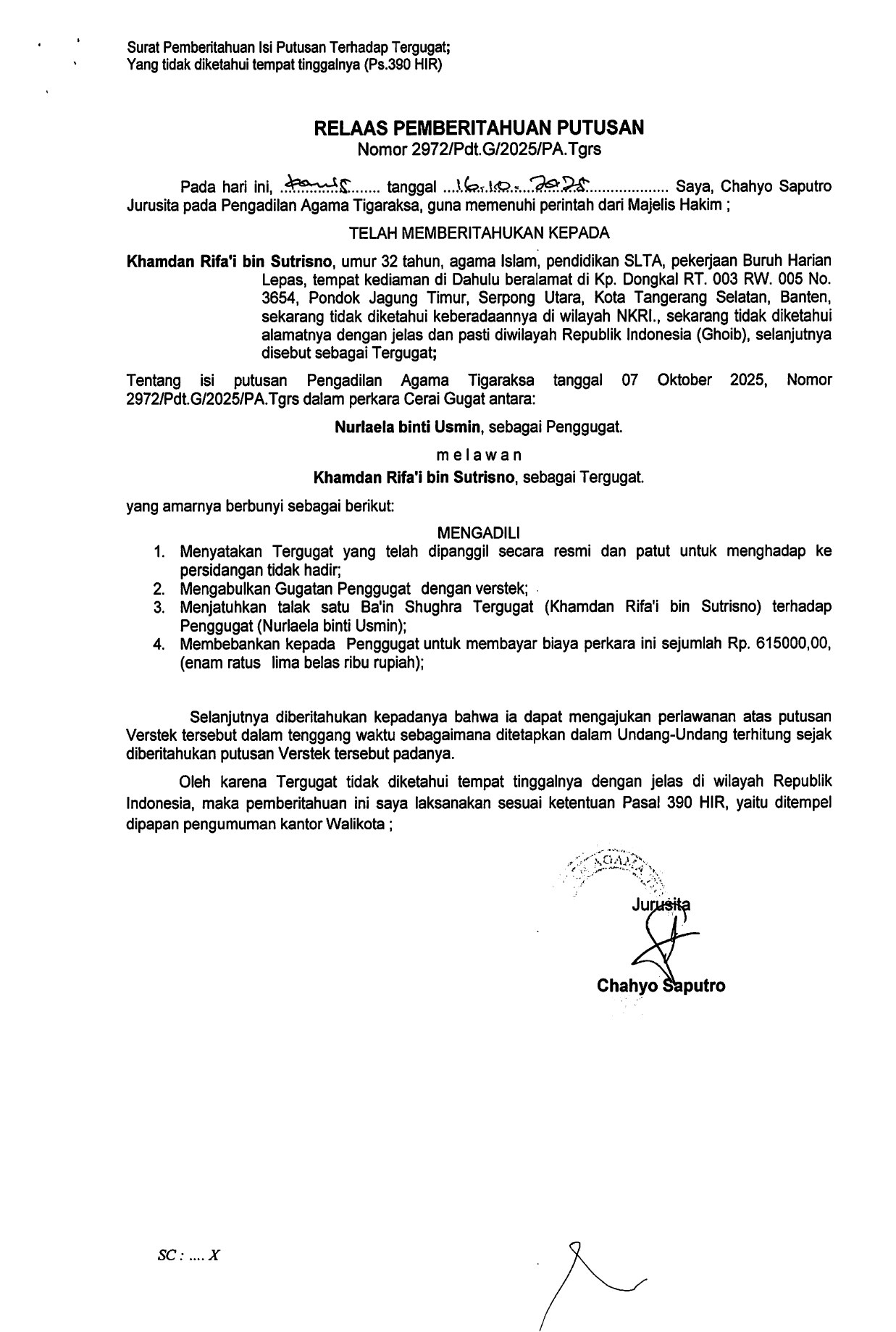 Relaas Pemberitahuan Putusan Nomor 2972/Pdt.G/2025/PA.Tgrs