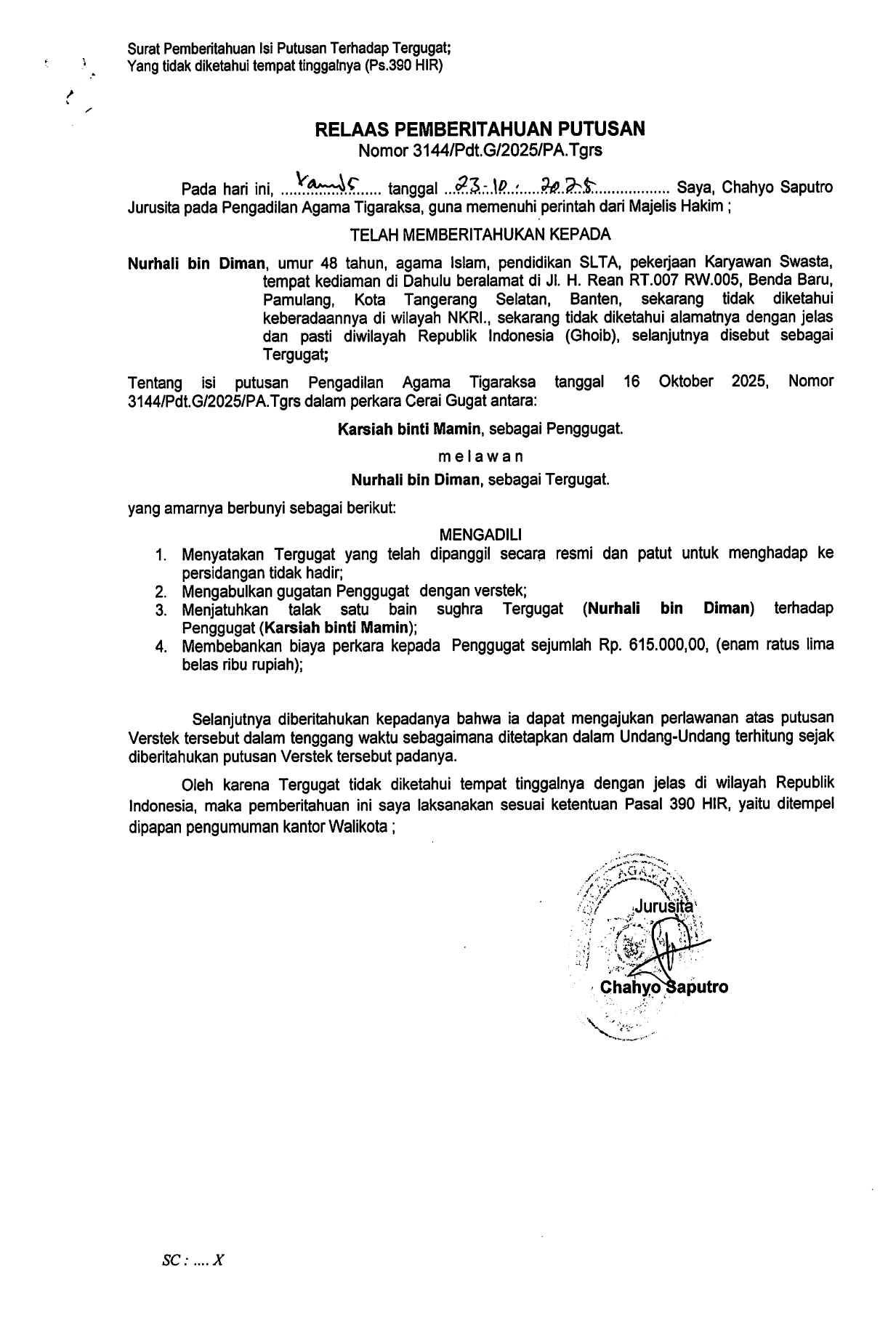 Relaas Pemberitahuan Putusan Nomor 3144/Pdt.G/2025/PA.Tgrs