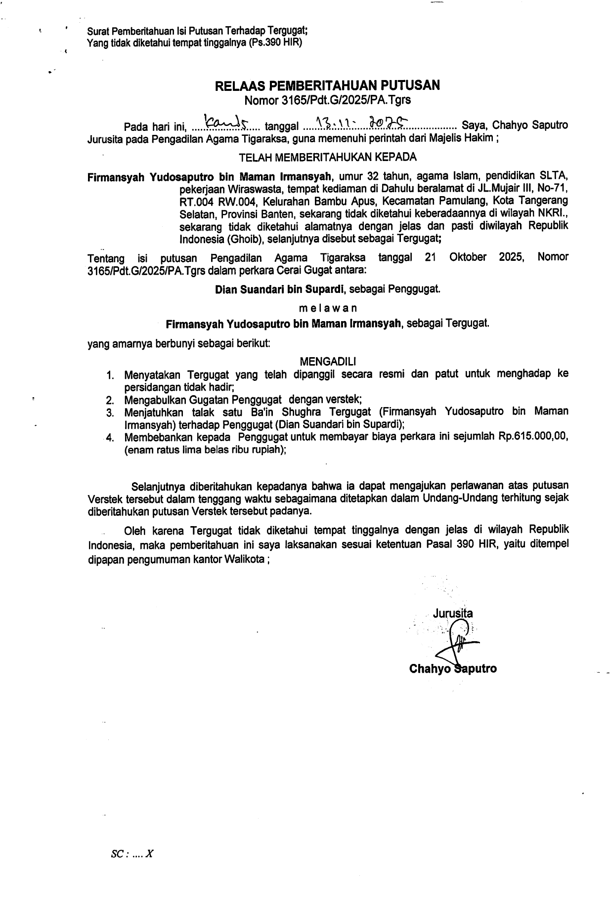 Relaas Pemberitahuan Putusan Nomor 3165/Pdt.G/2025/PA.Tgrs