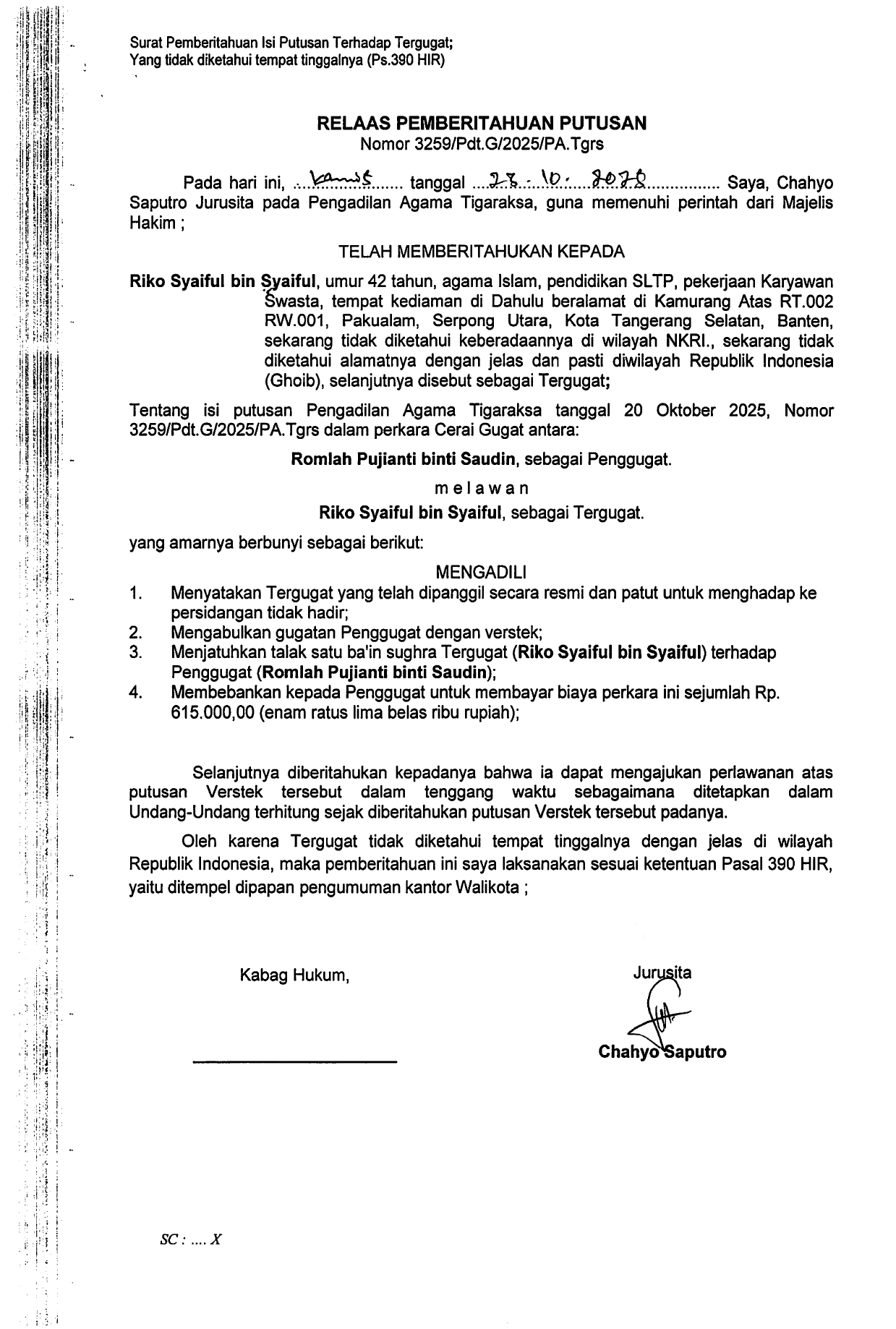 Relaas Pemberitahuan Putusan Nomor 3259/Pdt.G/2025/PA.Tgrs