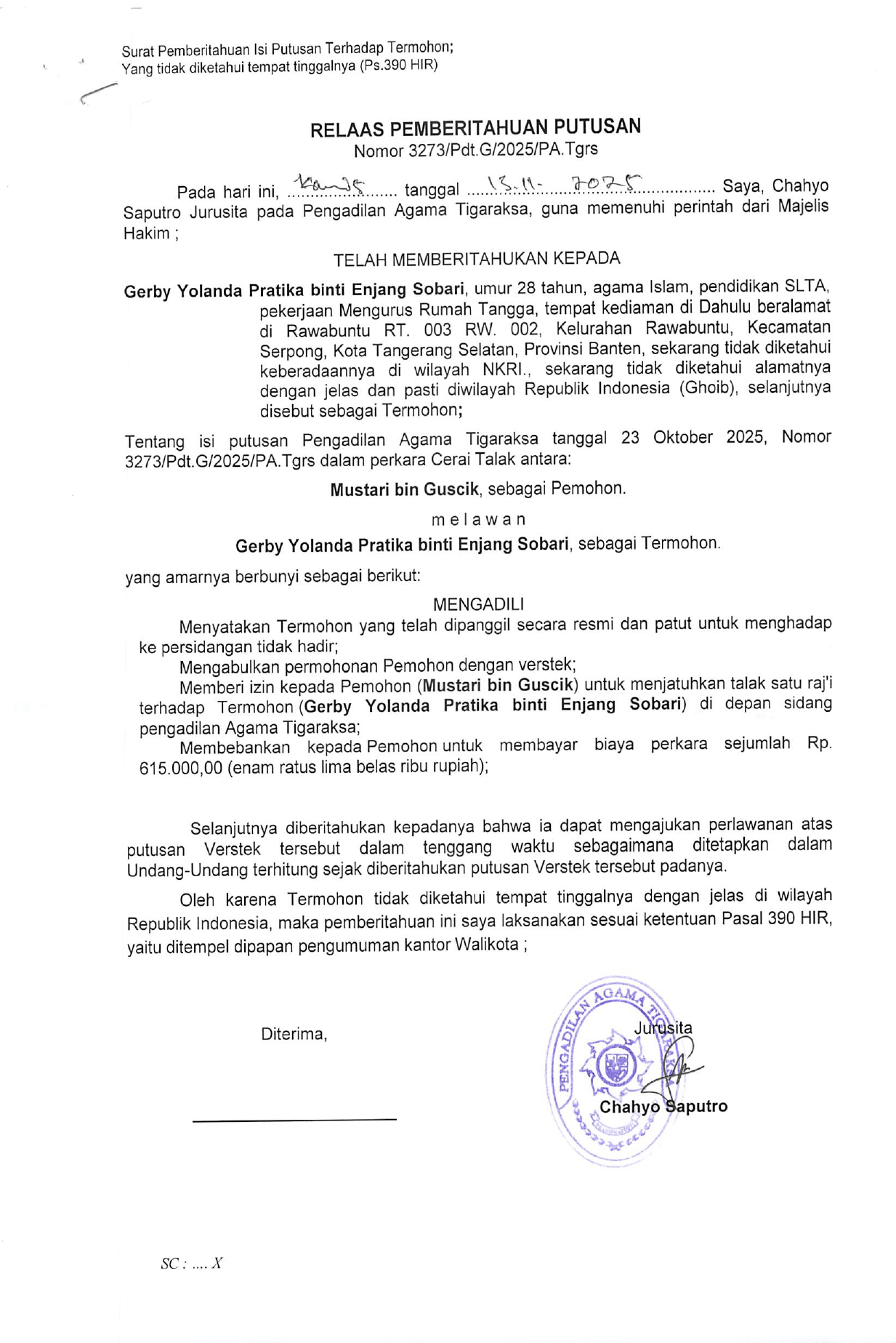 Relaas Pemberitahuan Putusan Nomor 3273/Pdt.G/2025/PA.Tgrs