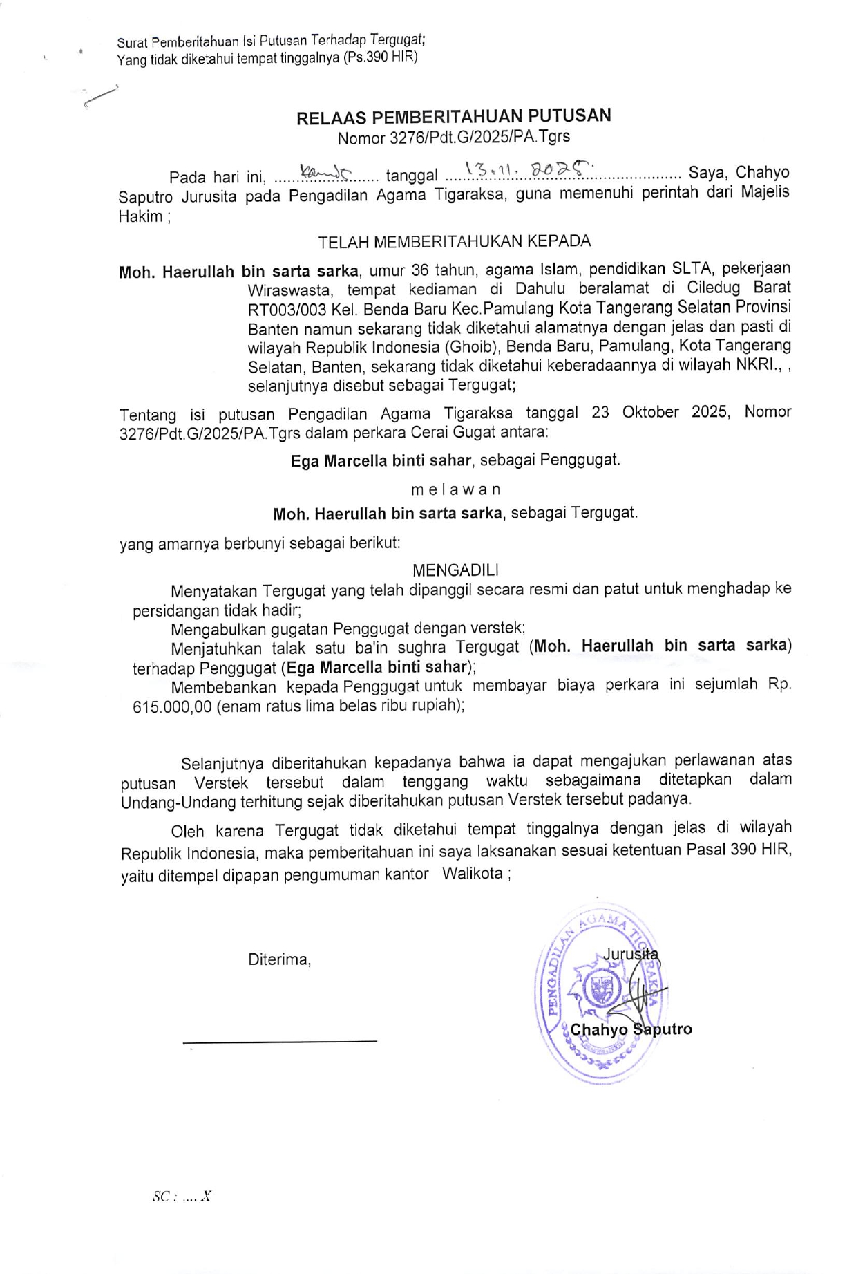 Relaas Pemberitahuan Putusan Nomor 3276/Pdt.G/2025/PA.Tgrs
