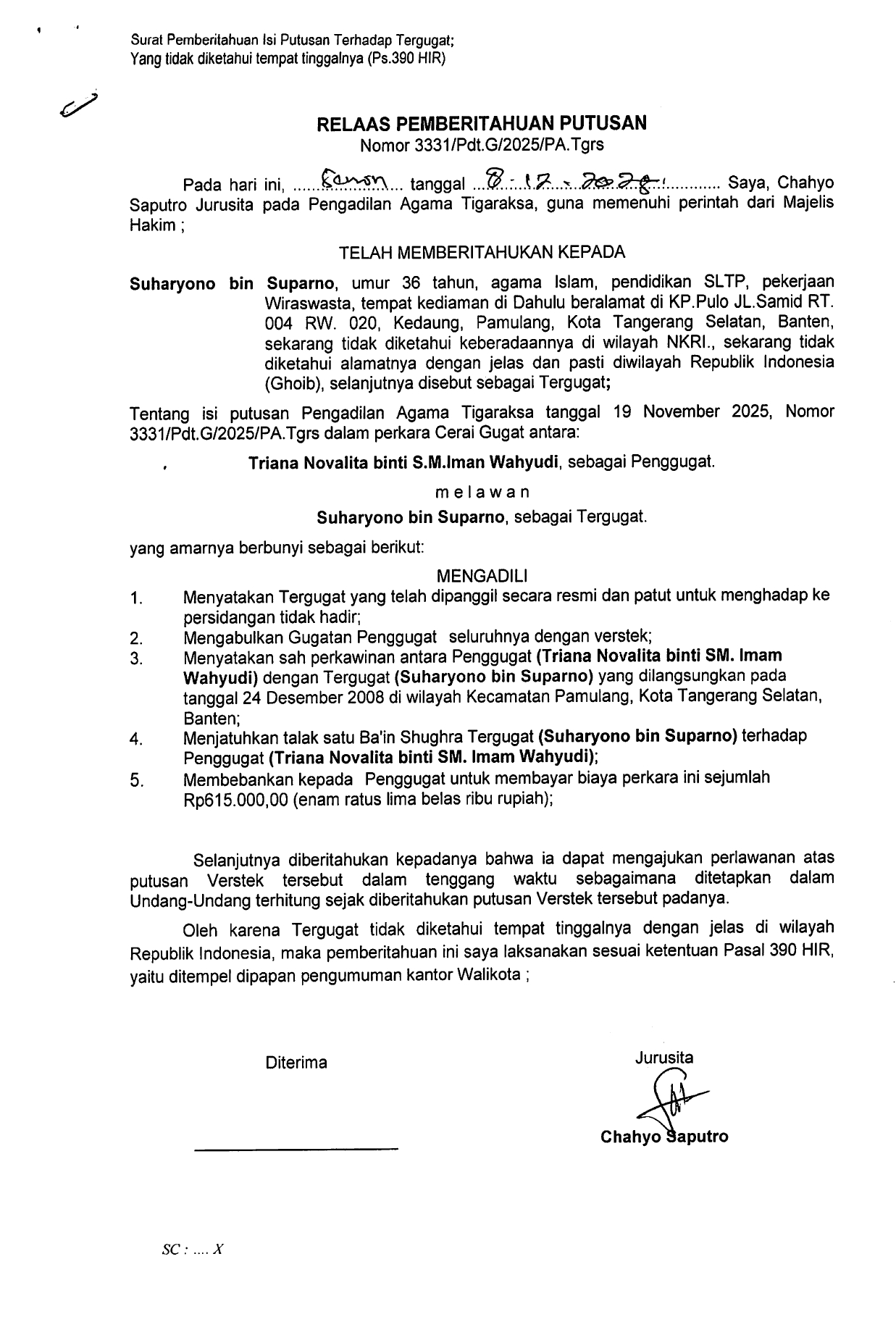 Relaas Pemberitahuan Putusan Nomor 3331/Pdt.G/2025/PA.Tgrs