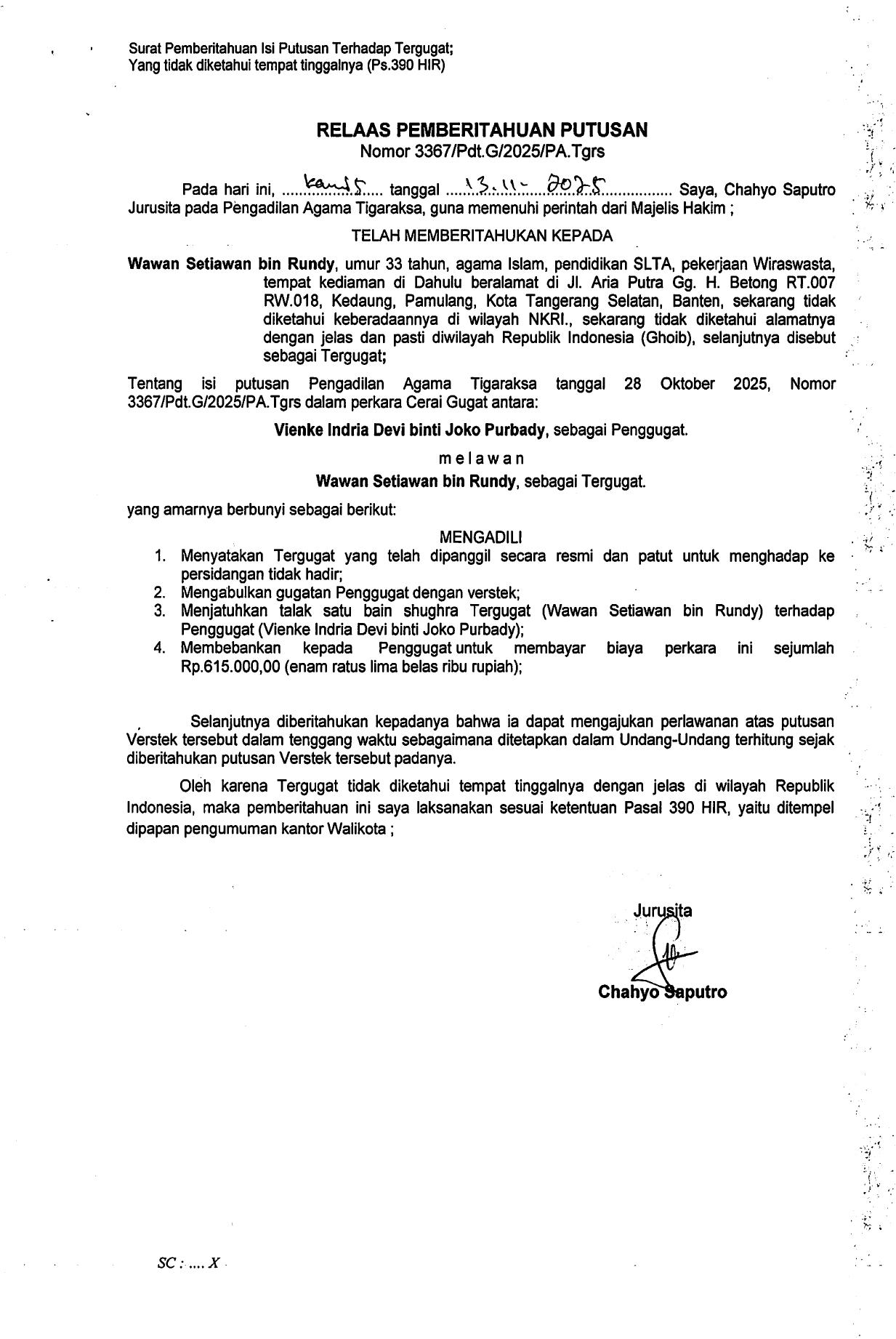 Relaas Pemberitahuan Putusan Nomor 3367/Pdt.G/2025/PA.Tgrs