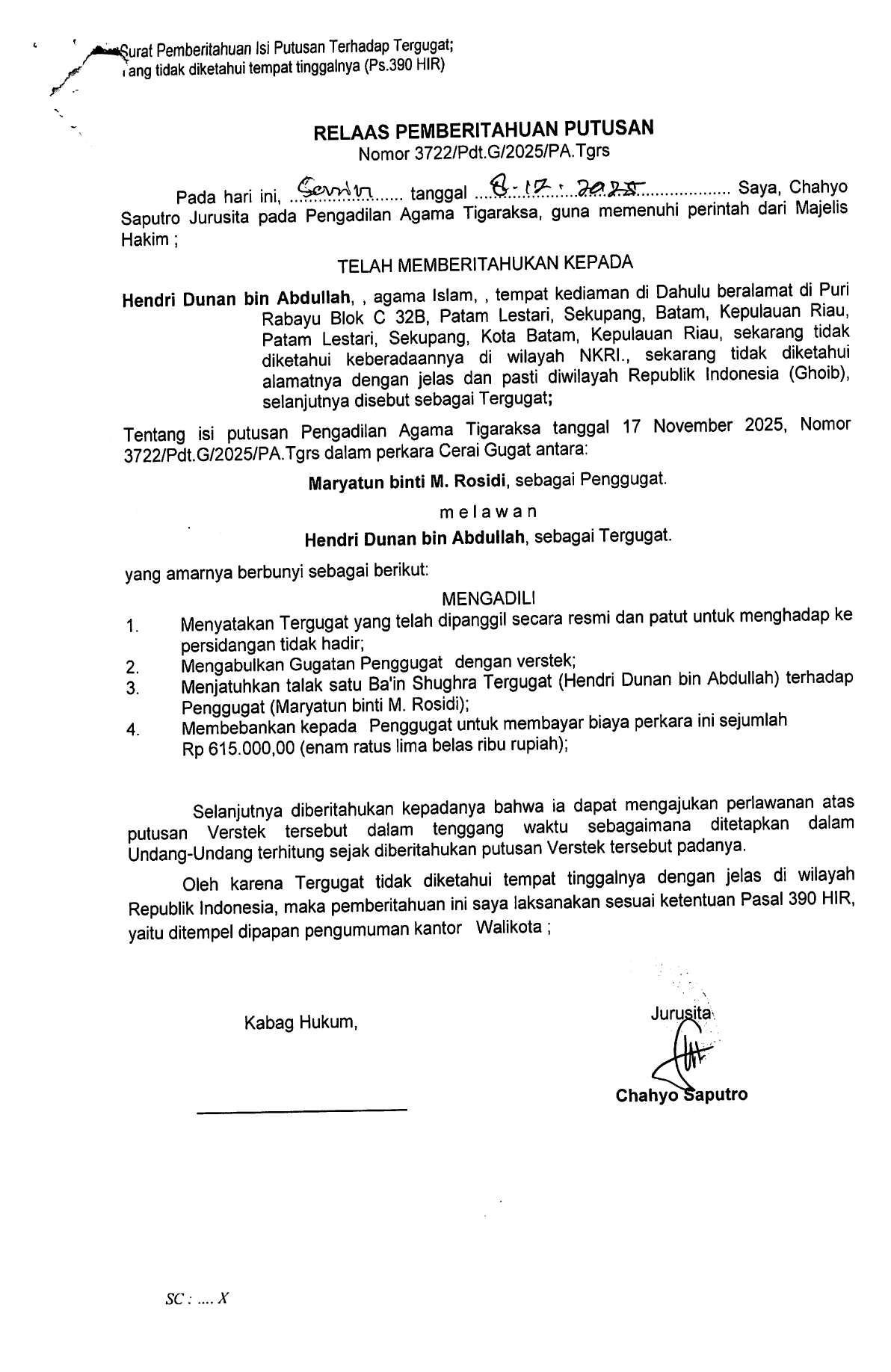 Relaas Pemberitahuan Putusan Nomor 3722/Pdt.G/2025/PA.Tgrs