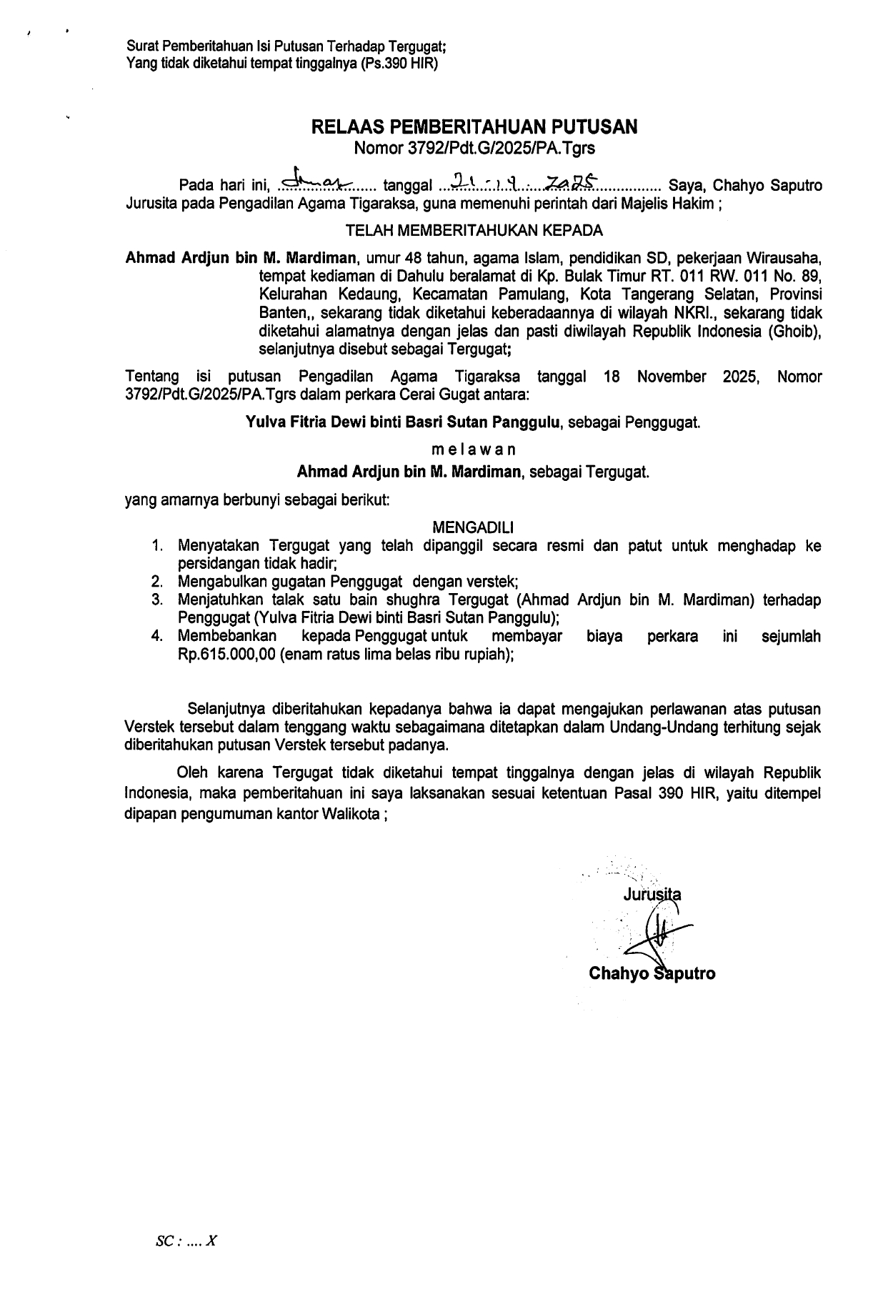 Relaas Pemberitahuan Putusan Nomor 3792/Pdt.G/2025/PA.Tgrs