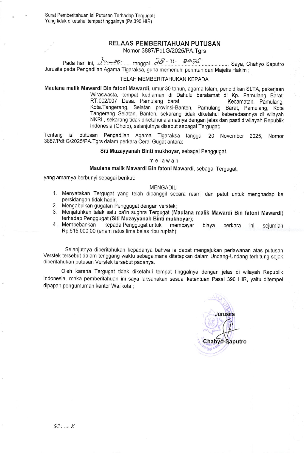 Relaas Pemberitahuan Putusan Nomor 3887/Pdt.G/2025/PA.Tgrs