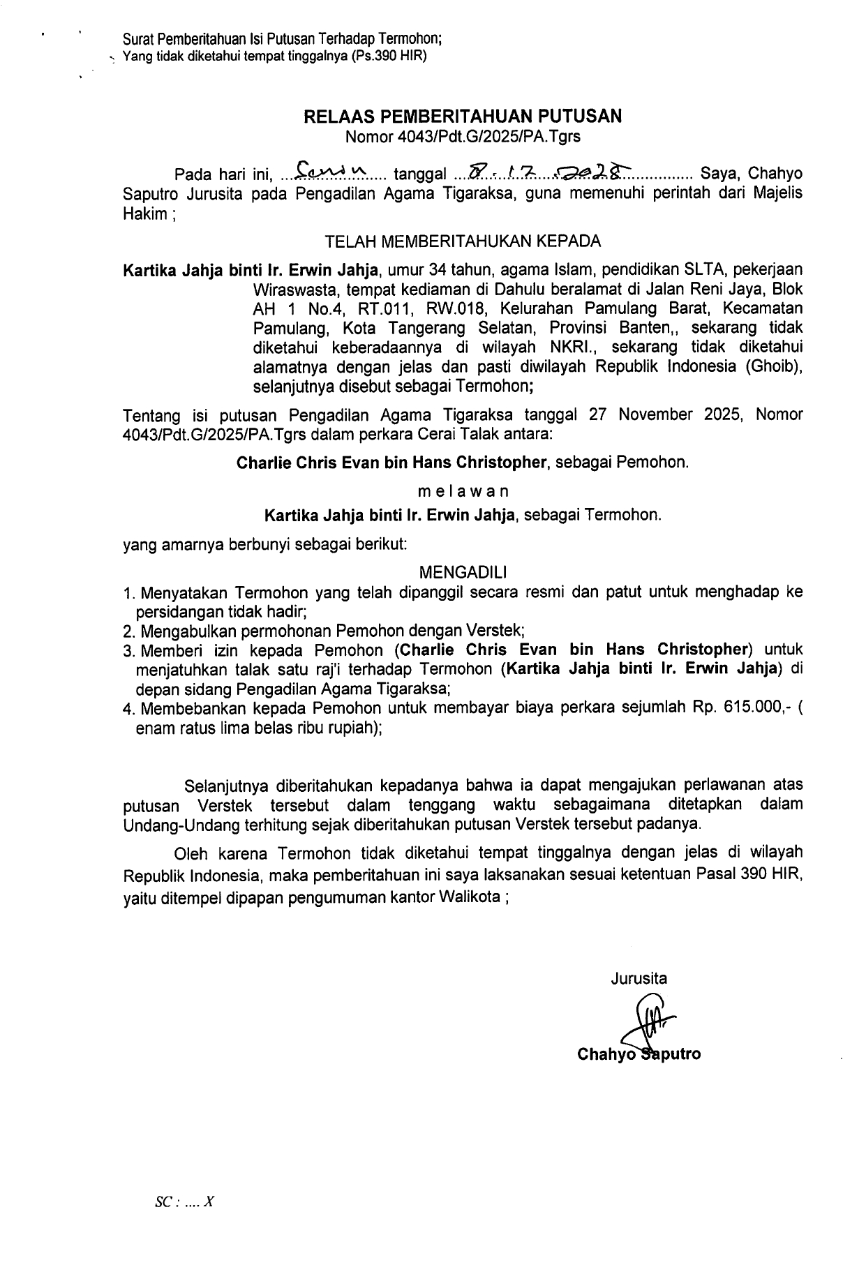 Relaas Pemberitahuan Putusan Nomor 4043/Pdt.G/2025/PA.Tgrs