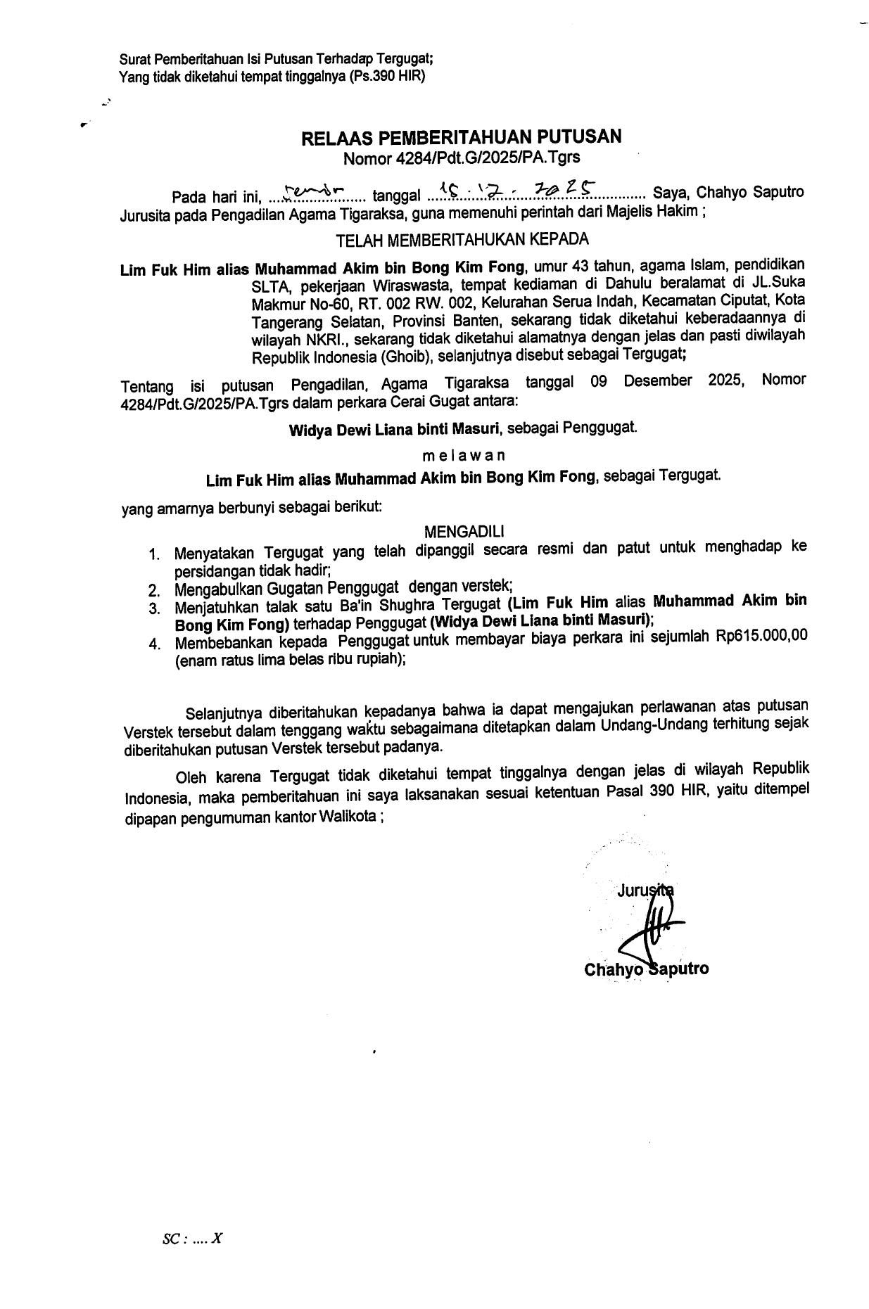 Relaas Pemberitahuan Putusan Nomor 4284/Pdt.G/2025/PA.Tgrs