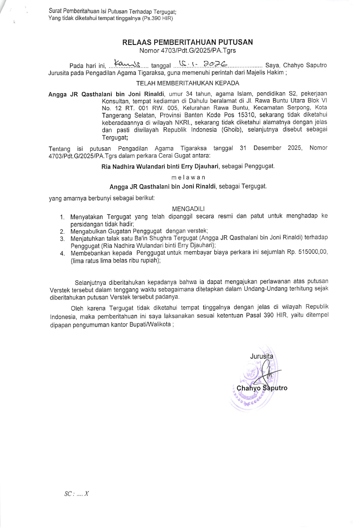 Relaas Pemberitahuan Putusan Nomor 4703/Pdt.G/2025/PA.Tgrs
