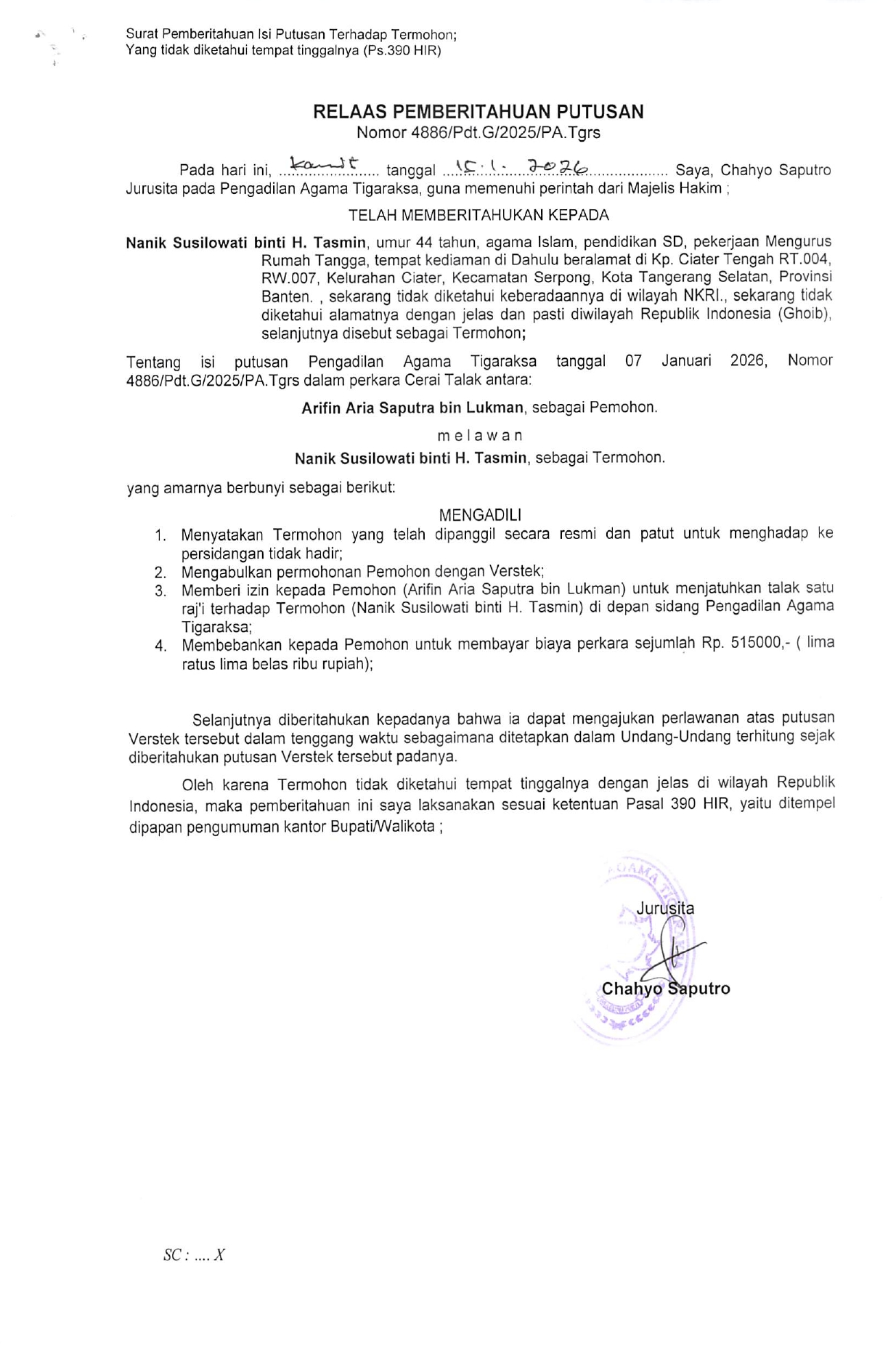 Relaas Pemberitahuan Putusan Nomor 4886/Pdt.G/2025/PA.Tgrs