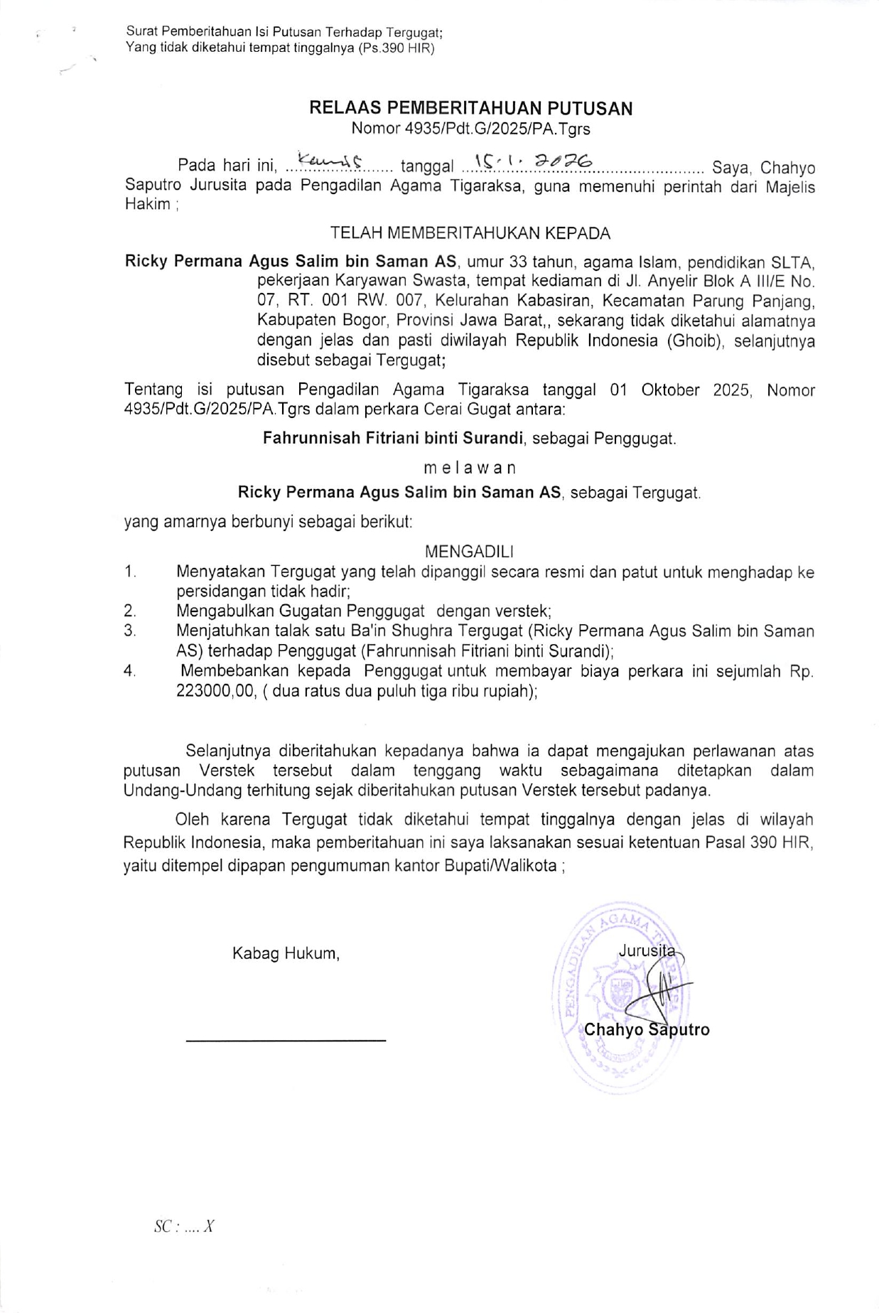 Relaas Pemberitahuan Putusan Nomor 4935/Pdt.G/2025/PA.Tgrs