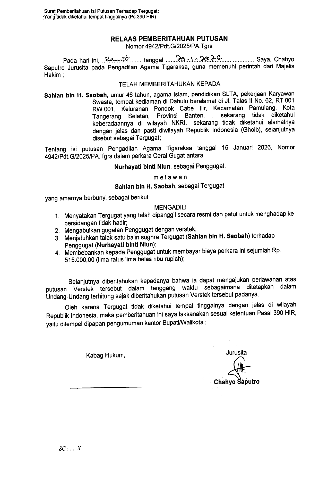 Relaas Pemberitahuan Putusan Nomor 4942/Pdt.G/2025/PA.Tgrs