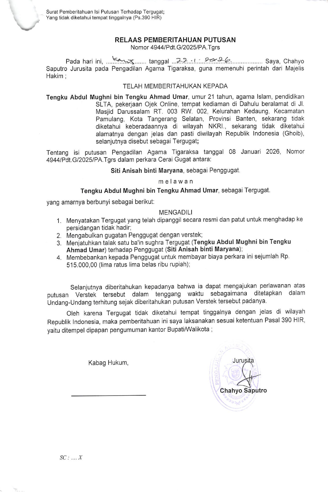 Relaas Pemberitahuan Putusan Nomor 4944/Pdt.G/2025/PA. Tgrs