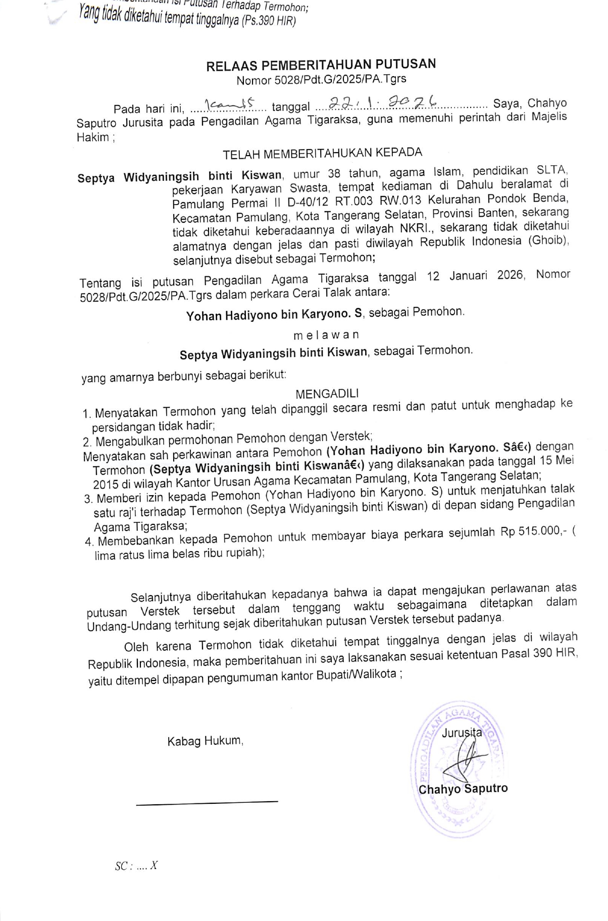 Relaas Pemberitahuan Putusan Nomor 5028/Pdt.G/2025/PA. Tgrs
