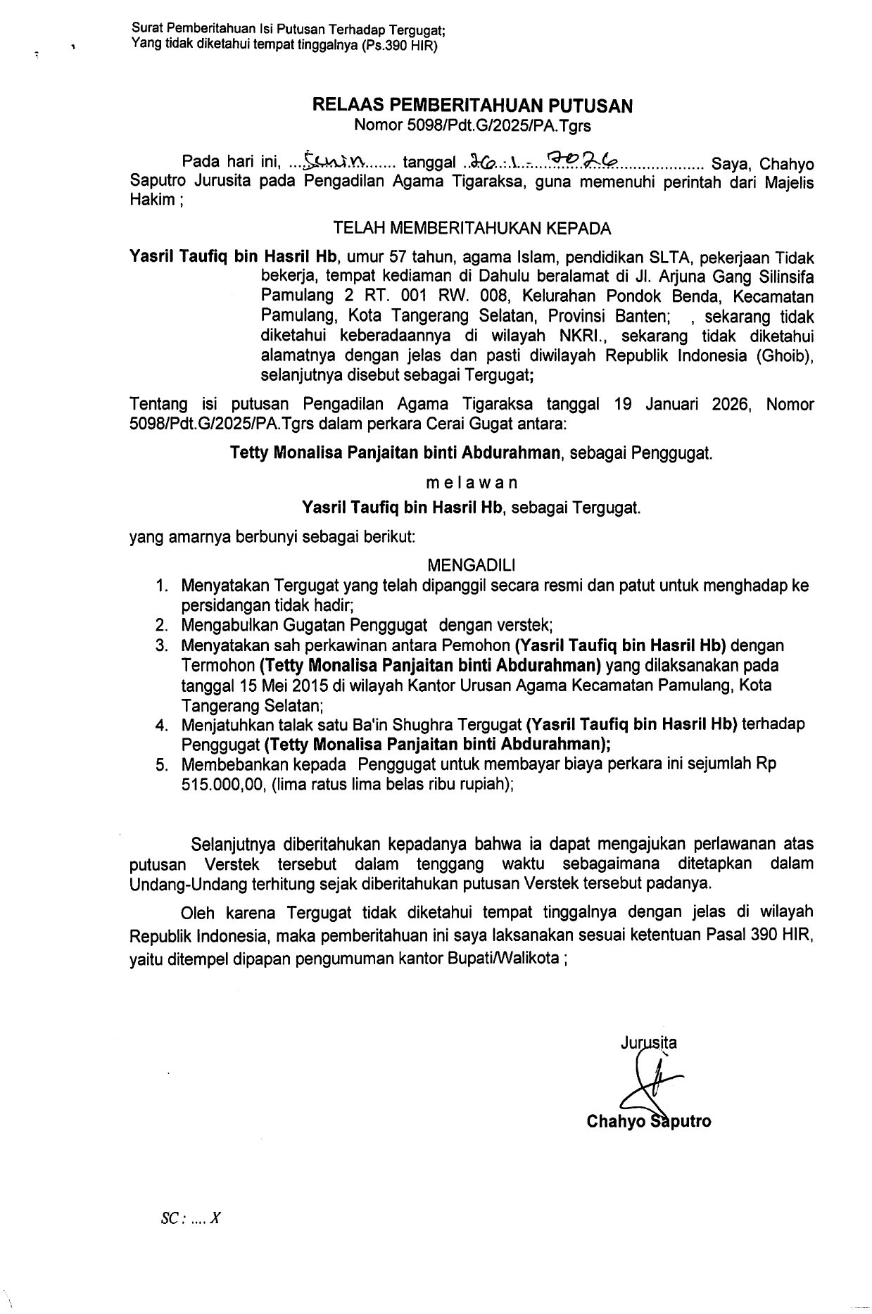 Relaas Pemberitahuan Putusan Nomor 5098/Pdt.G/2025/PA.Tgrs