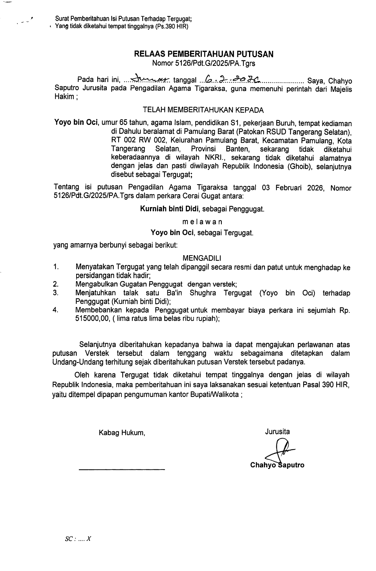 Relaas Pemberitahuan Putusan Nomor 5126/Pdt.G/2025/PA.Tgrs