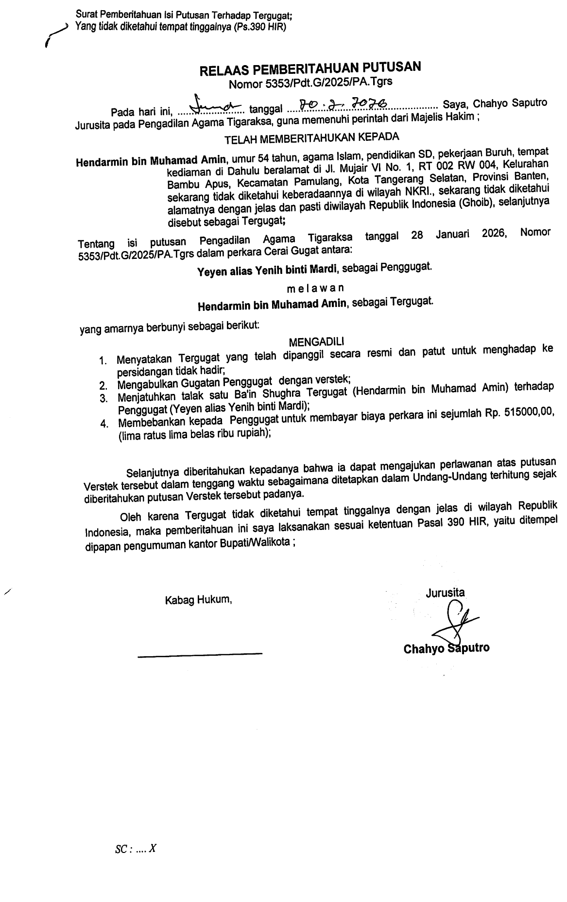 Relaas Pemberitahuan Putusan Nomor 5353/Pdt.G/2025/PA.Tgrs