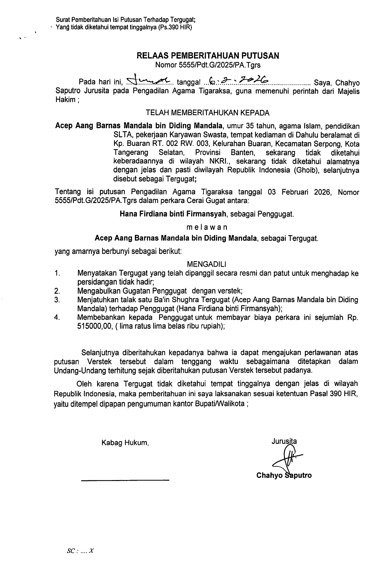 Relaas Pemberitahuan Putusan Nomor 5555/Pdt.G/2025/PA.Tgrs