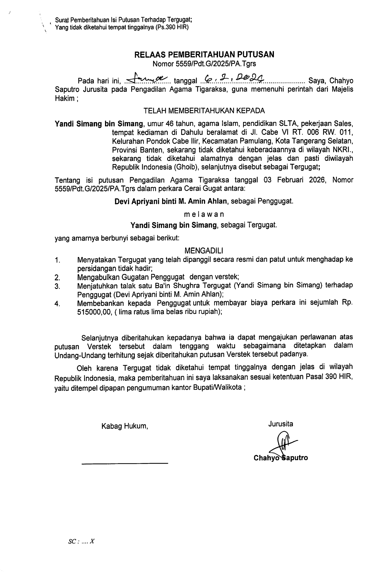 Relaas Pemberitahuan Putusan Nomor 5559/Pdt.G/2025/PA.Tgrs