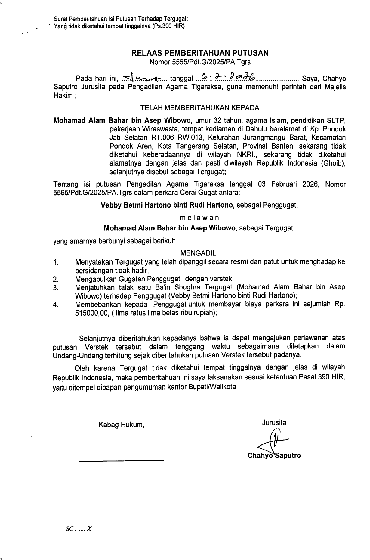 Relaas Pemberitahuan Putusan Nomor 5565/Pdt.G/2025/PA.Tgrs