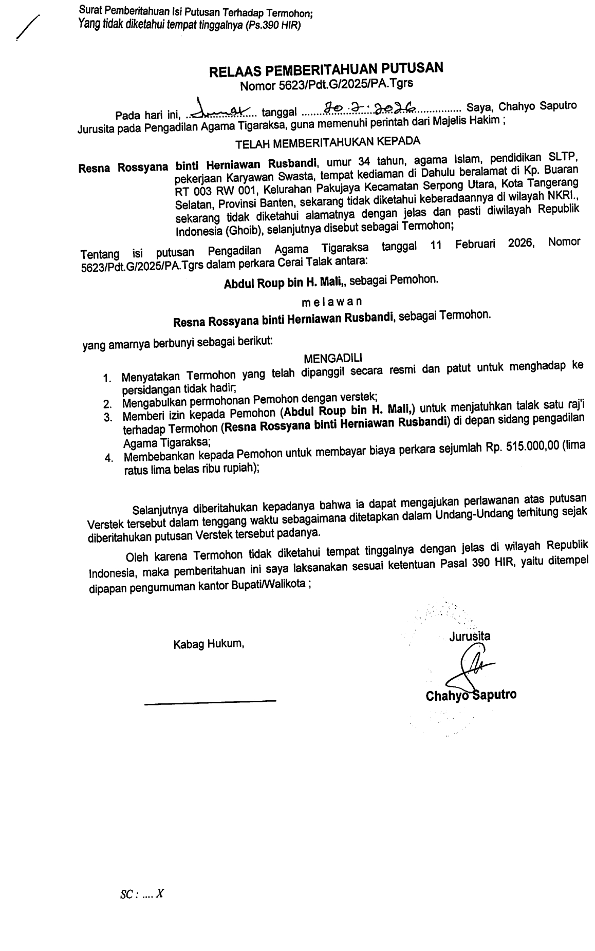 Relaas Pemberitahuan Putusan Nomor 5623/Pdt.G/2025/PA.Tgrs