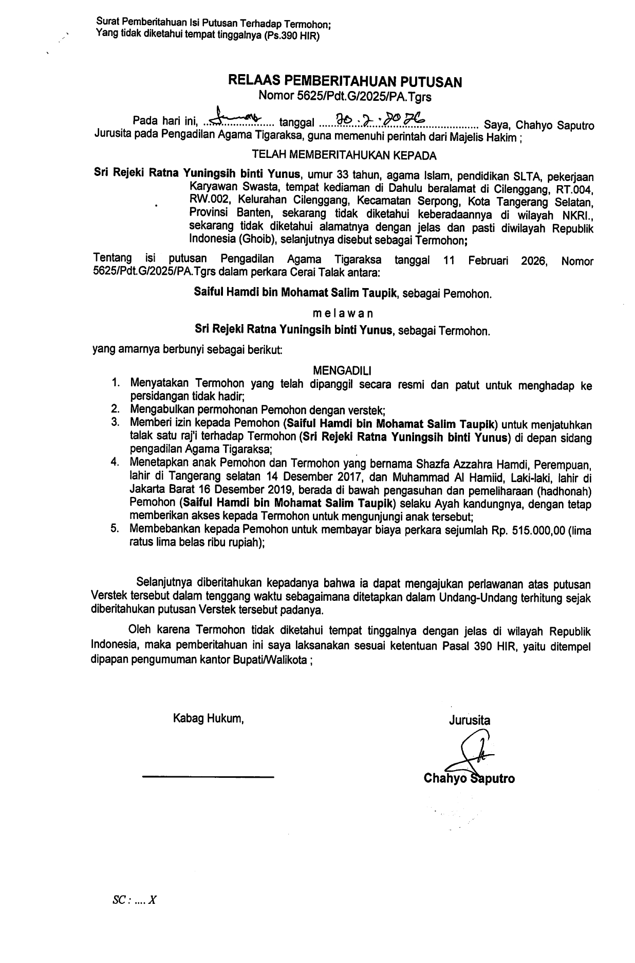 Relaas Pemberitahuan Putusan Nomor 5625/Pdt.G/2025/PA.Tgrs
