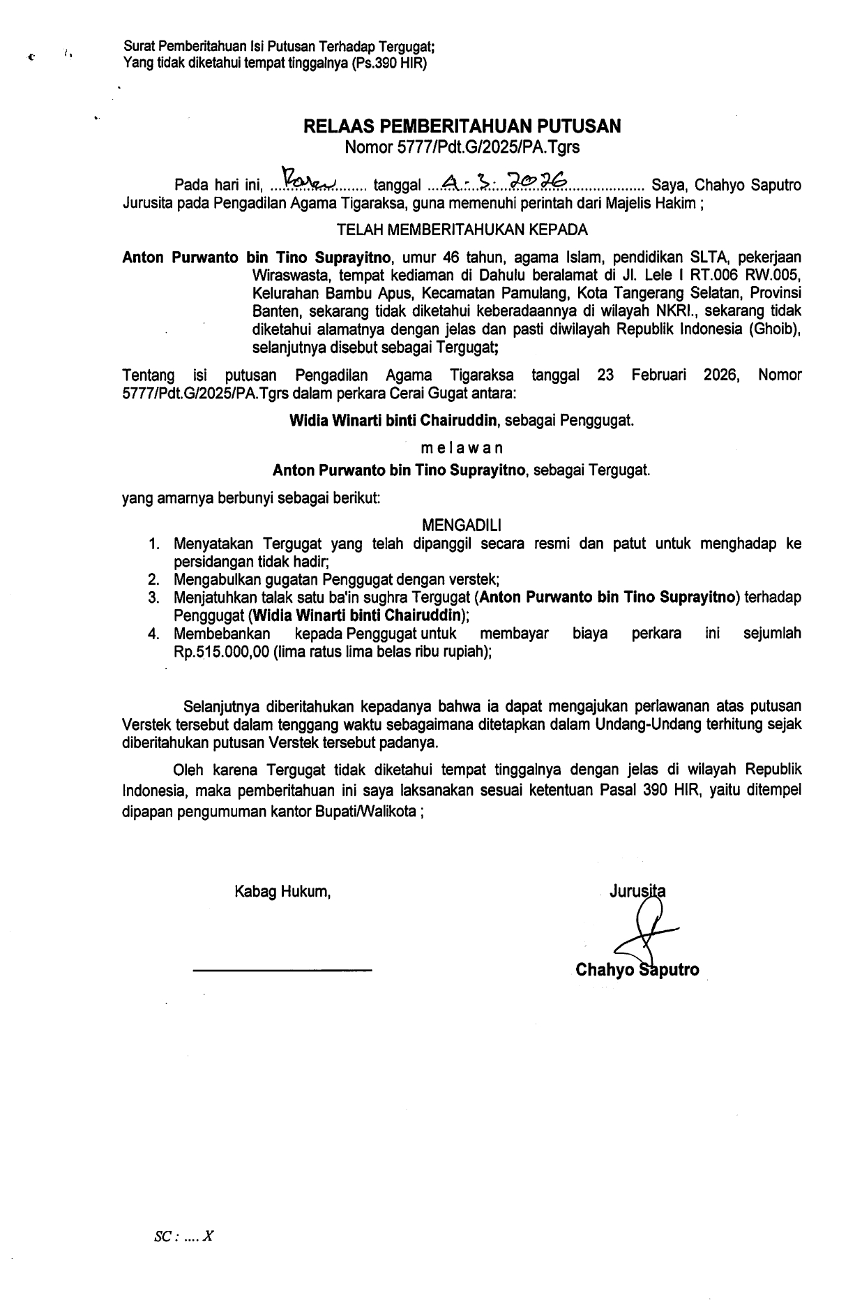 Relaas Pemberitahuan Putusan Nomor 5777/Pdt.G/2025/PA.Tgrs