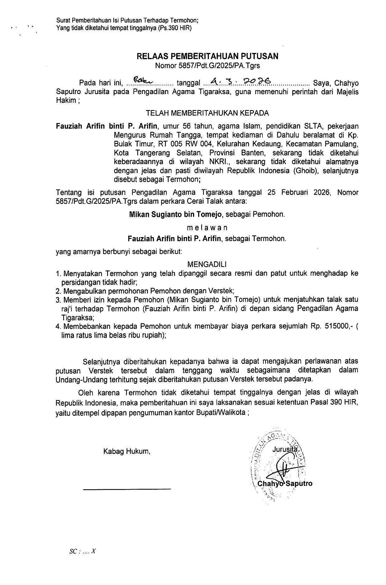 Relaas Pemberitahuan Putusan Nomor 5857/Pdt.G/2025/PA.Tgrs
