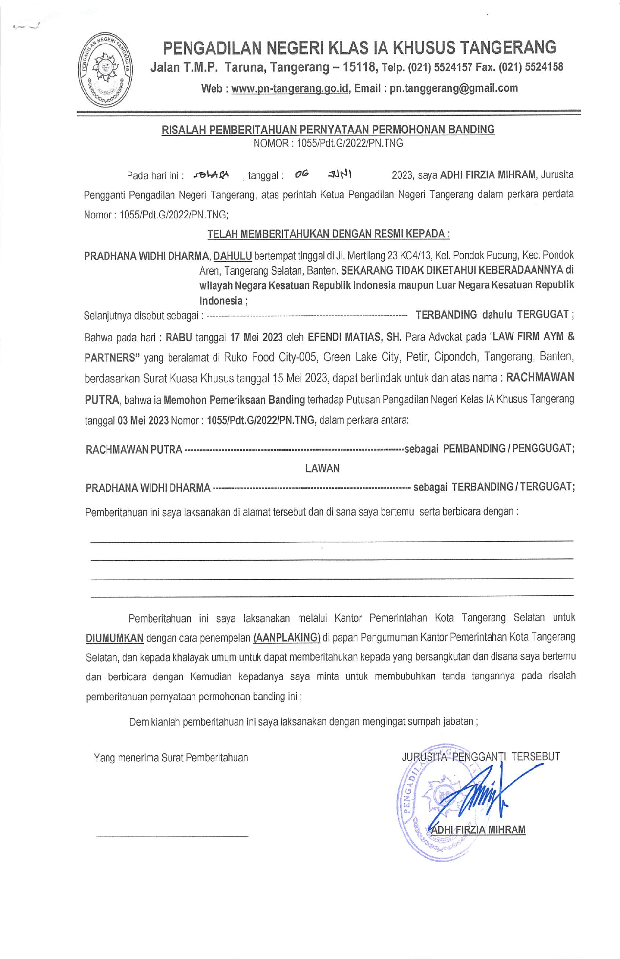 Risalah Pemberitahuan Pernyataan Permohonan Banding